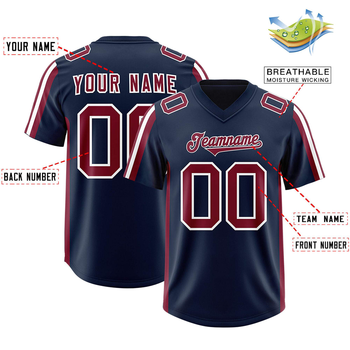 Custom Navy Cardinal and White Side Stripe Pattern Authentic American Football Jersey