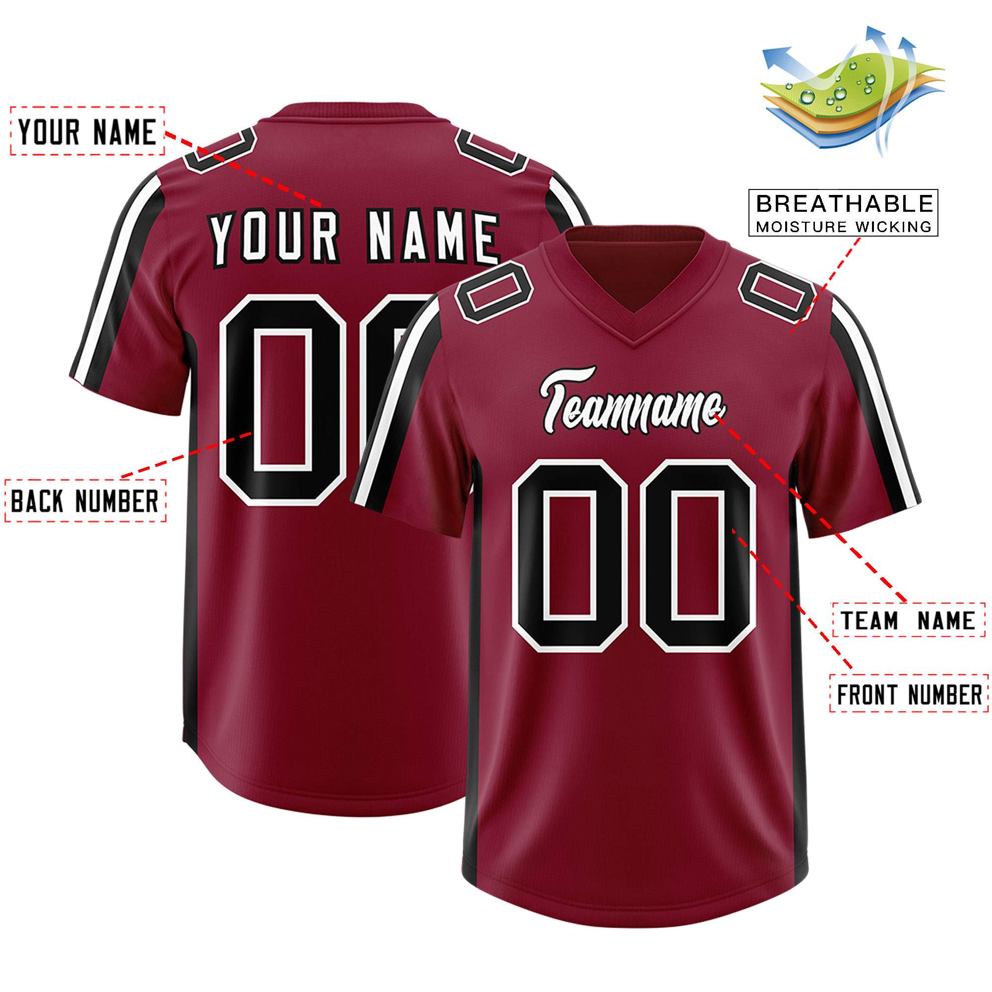 Custom Cardinal Black and White Side Stripe Pattern Authentic American Football Jersey