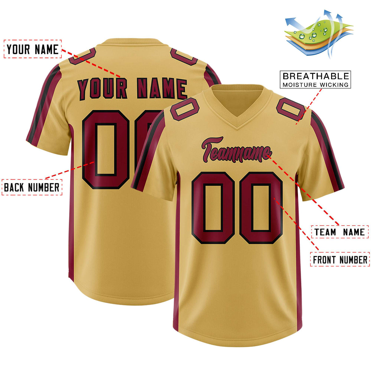 Custom Old Gold Cardinal and Black Side Stripe Pattern Authentic American Football Jersey