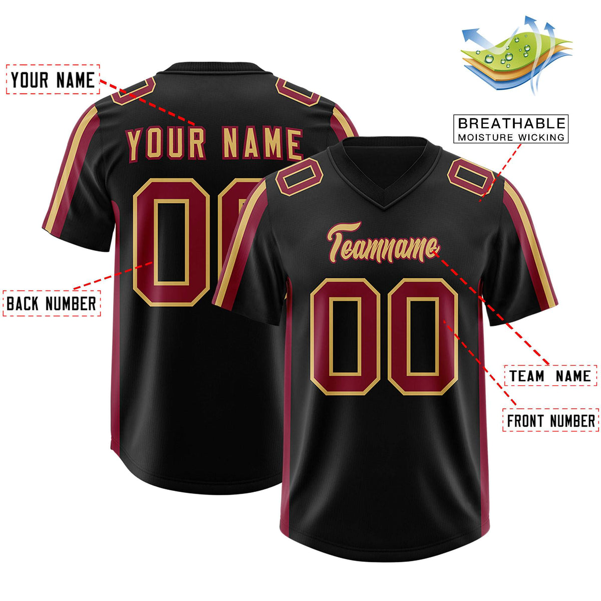 Custom Black Cardinal and Old Gold Side Stripe Pattern Authentic American Football Jersey