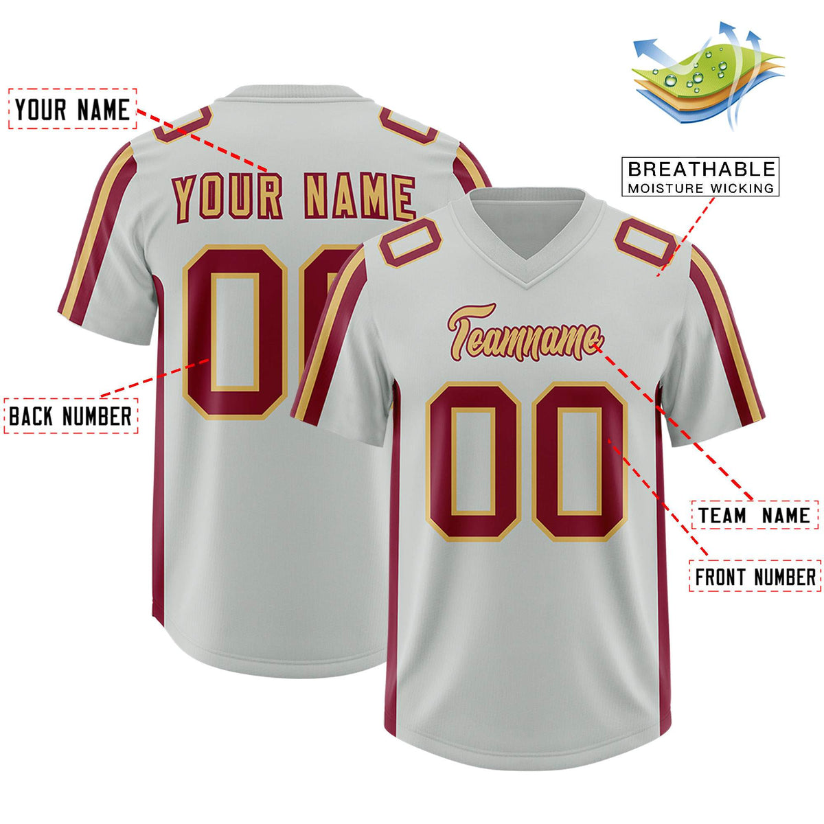 Custom Gray Crimson and Old Gold Side Stripe Pattern Authentic American Football Jersey