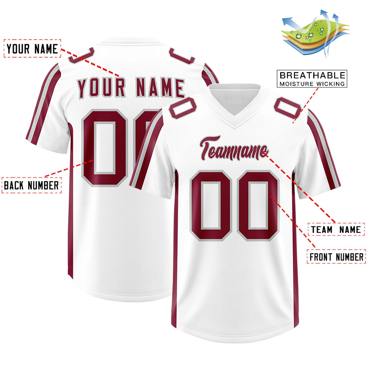 Custom White Crimson and Gray Side Stripe Pattern Authentic American Football Jersey