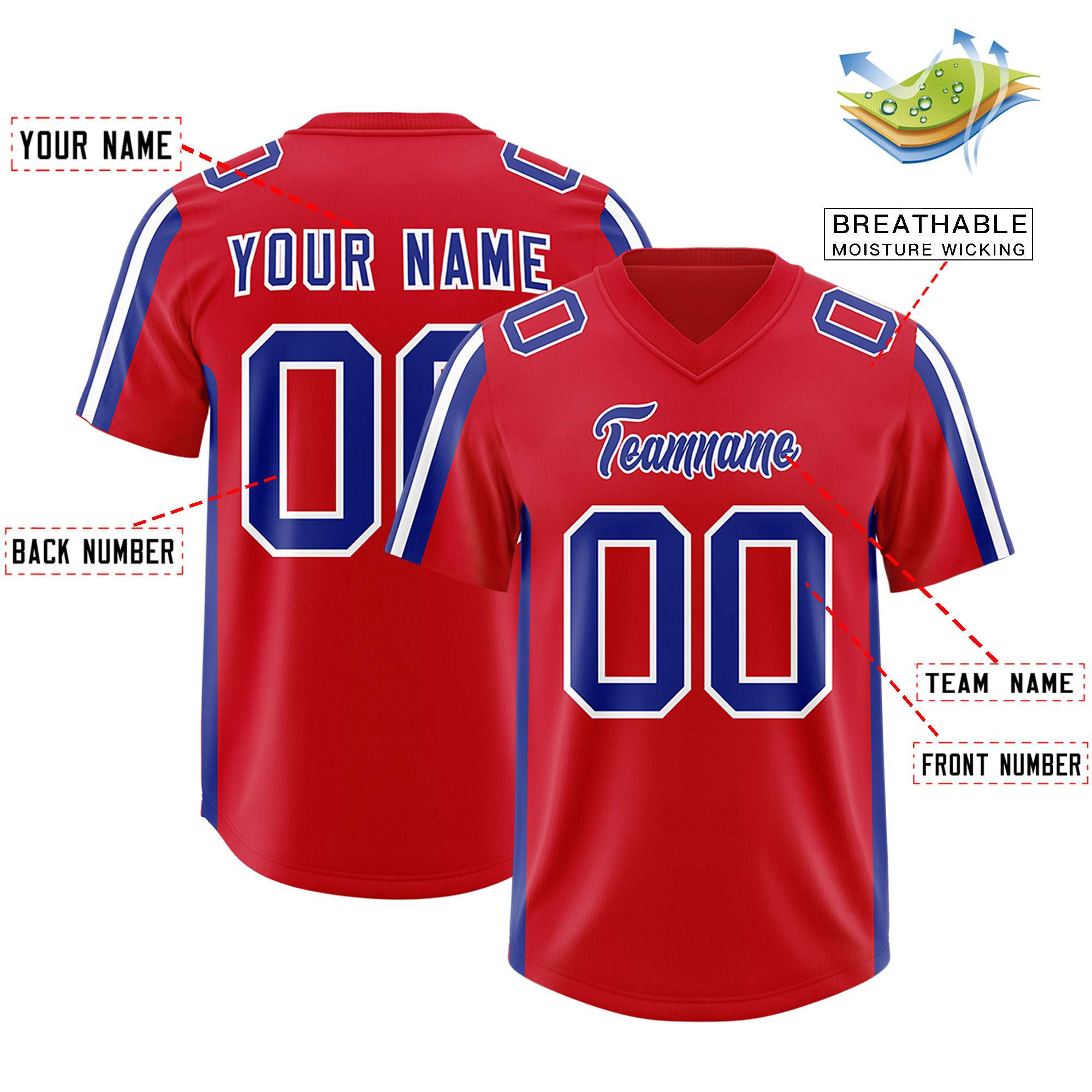 Custom Red Royal and White Side Stripe Pattern Authentic American Football Jersey