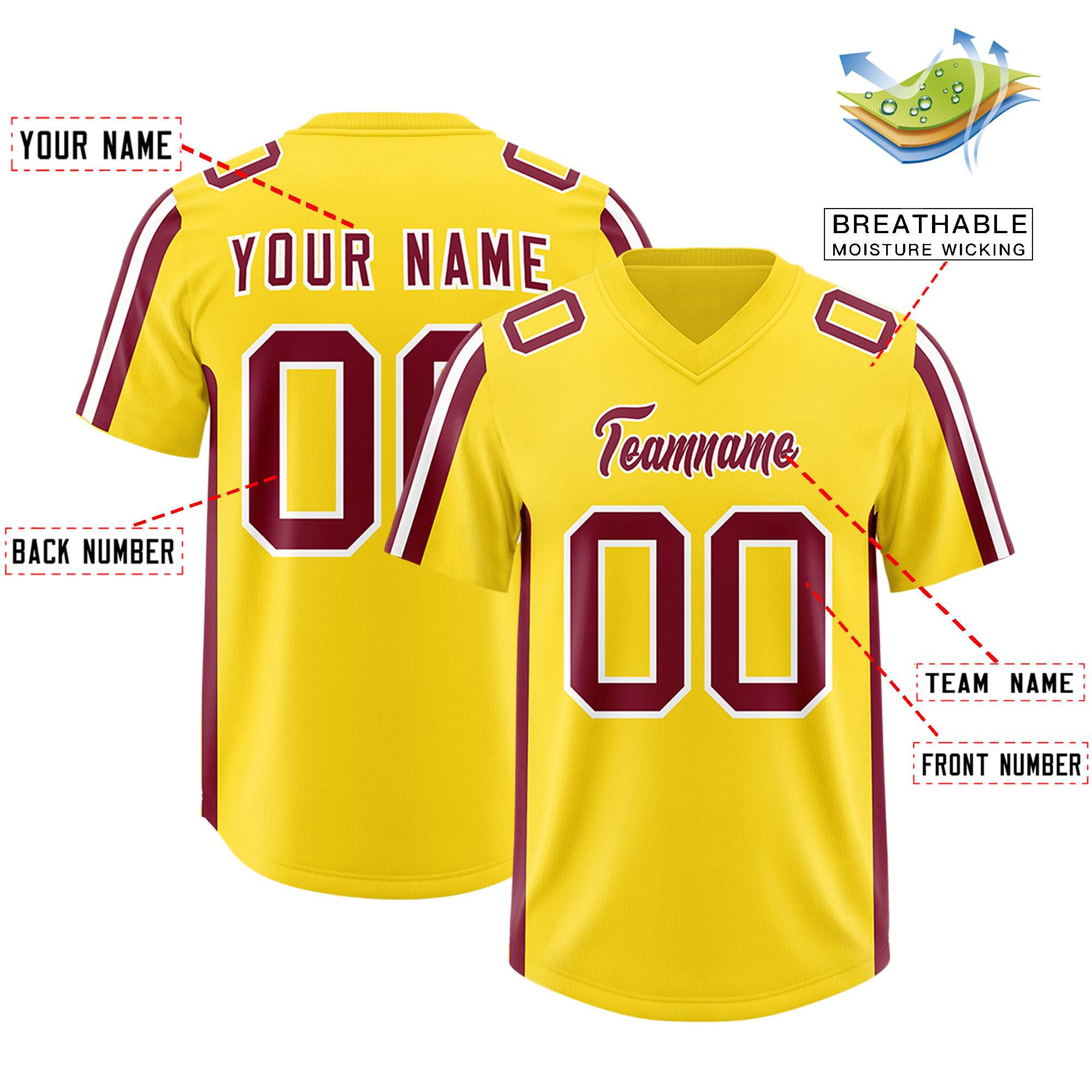 Custom Gold Cardinal and White Side Stripe Pattern Authentic American Football Jersey