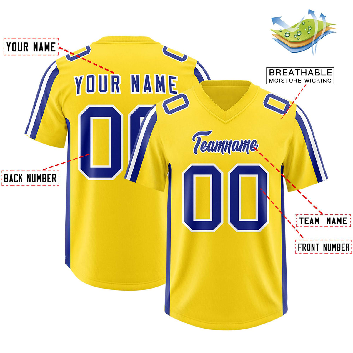 Custom Gold Royal and White Side Stripe Pattern Authentic American Football Jersey
