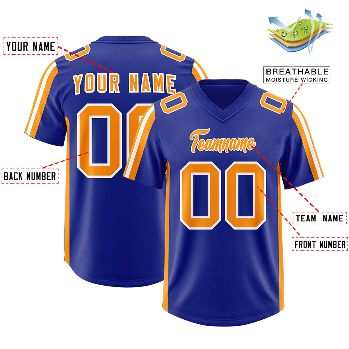 Custom Royal Gold Orange and White Side Stripe Pattern Authentic American Football Jersey