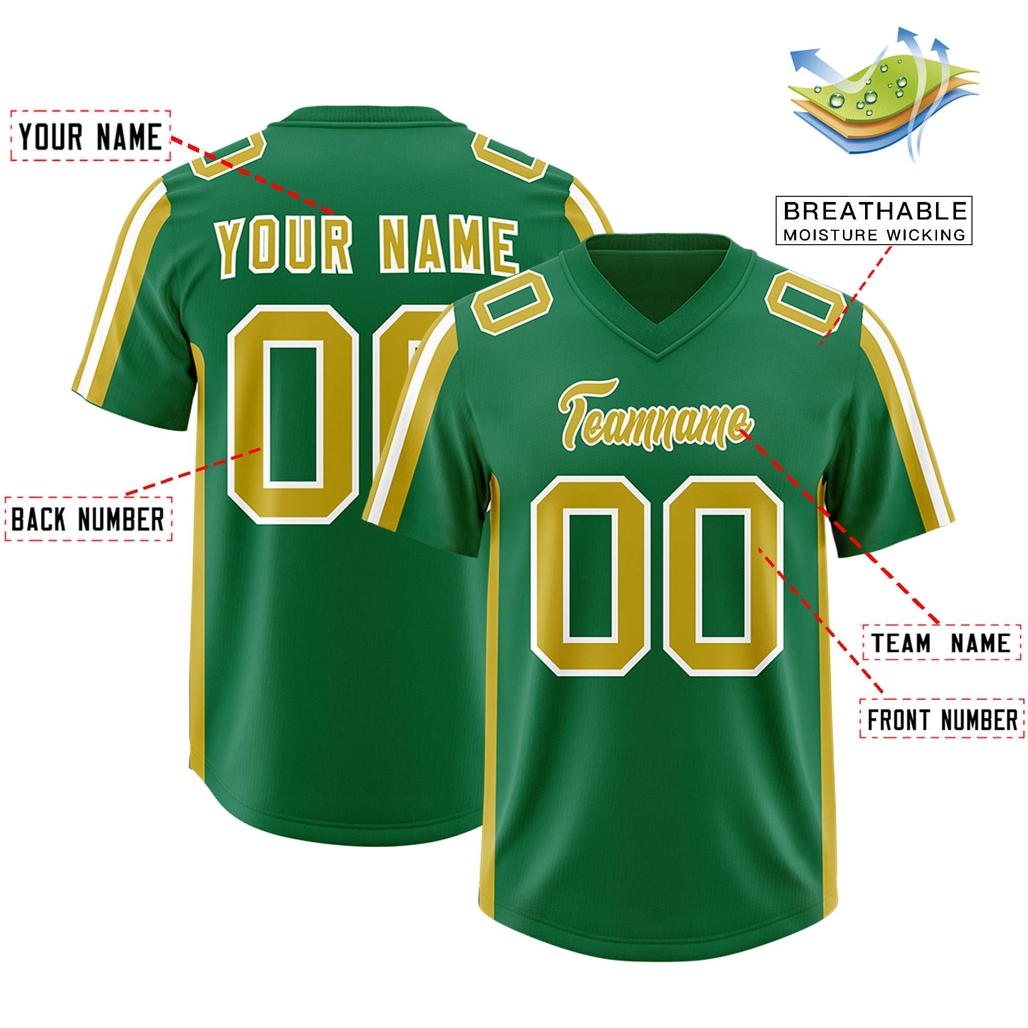 Custom Kelly Green Old Gold and White Side Stripe Pattern Authentic American Football Jersey