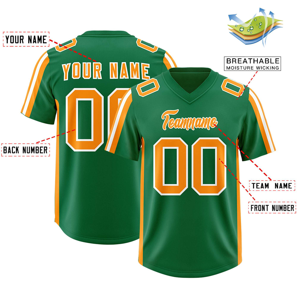 Custom Kelly Green Gold Orange and White Side Stripe Pattern Authentic American Football Jersey