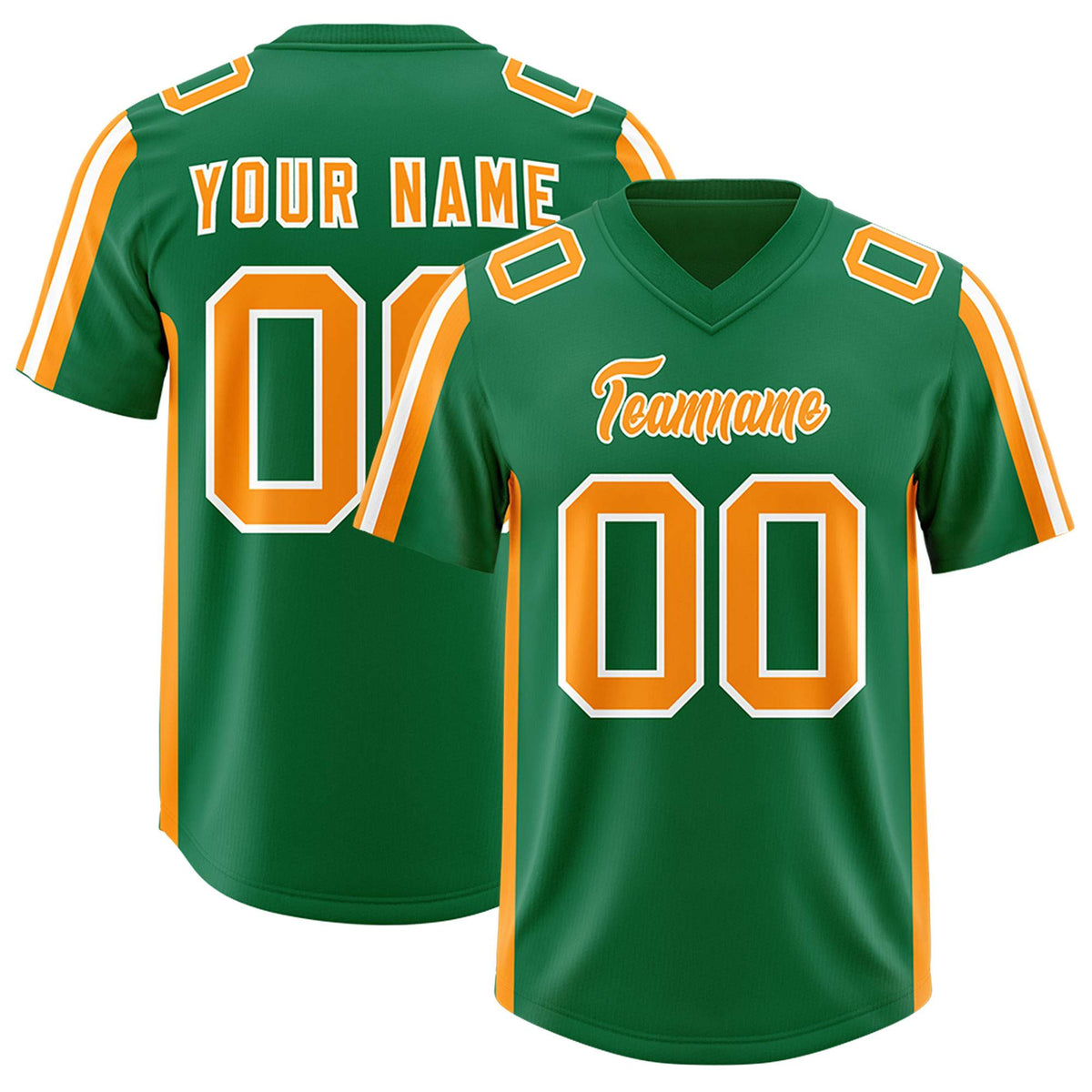 Custom Kelly Green Gold Orange and White Side Stripe Pattern Authentic American Football Jersey