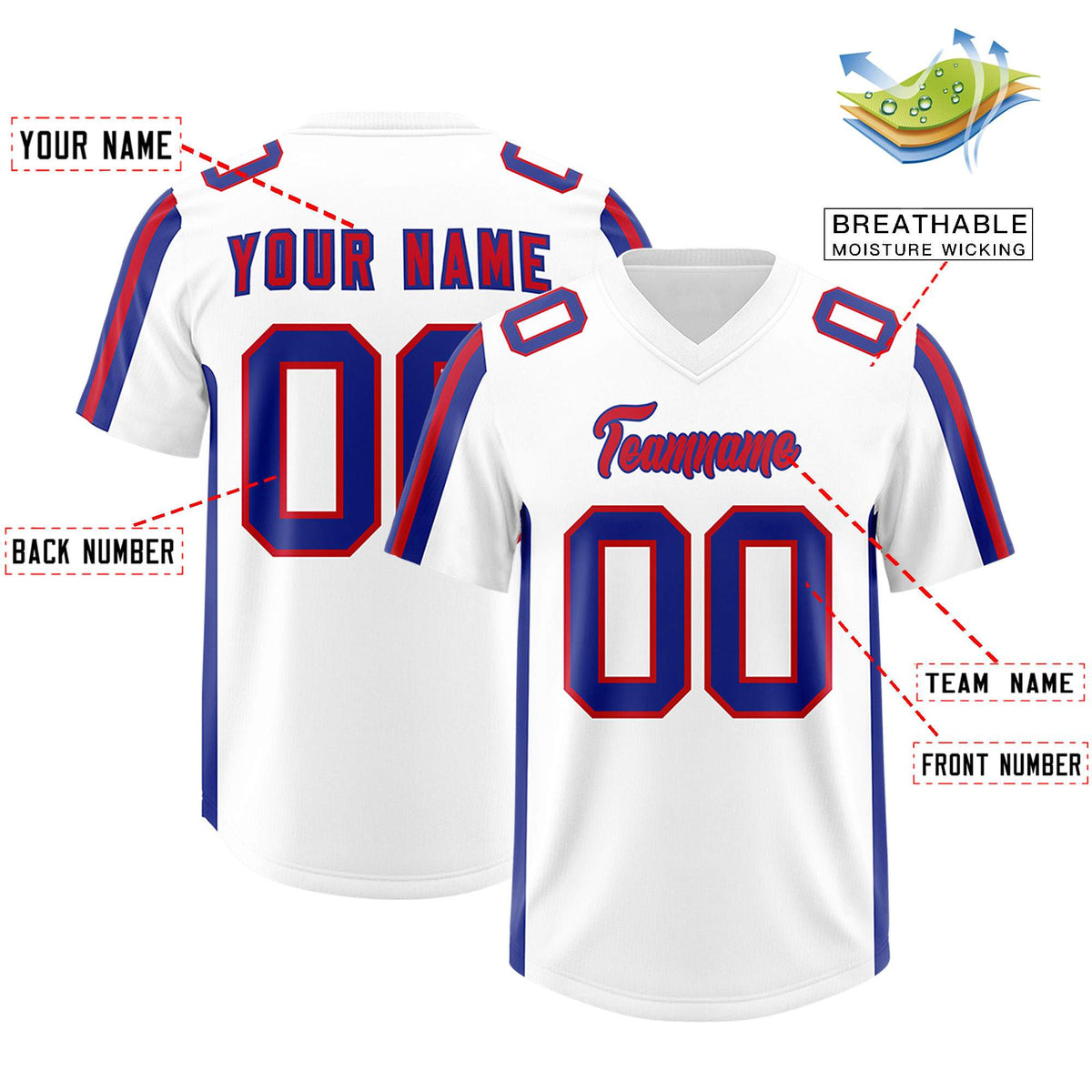 Custom White Royal and Red Side Stripe Pattern Authentic American Football Jersey