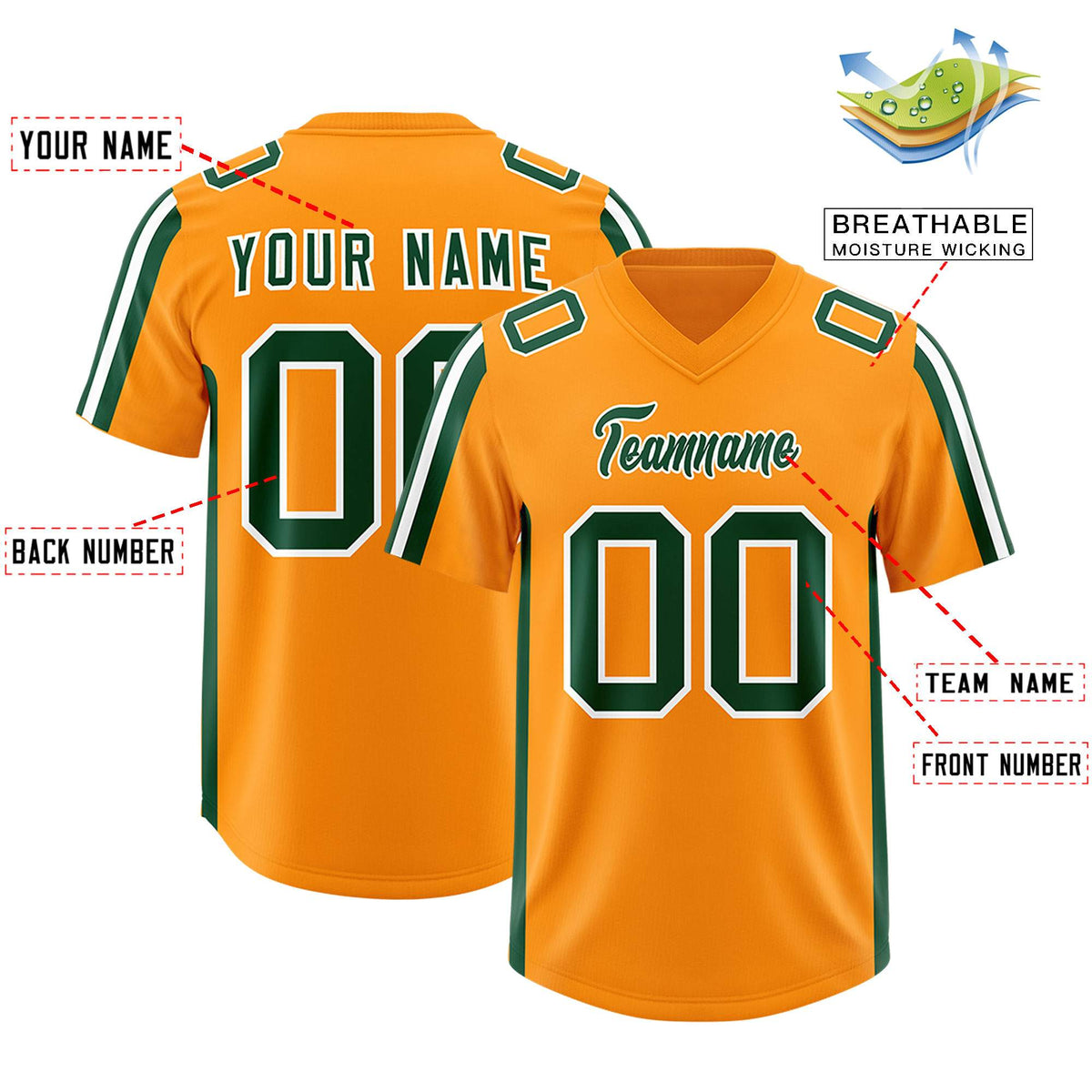 Custom Orange Green and White Side Stripe Pattern Authentic American Football Jersey