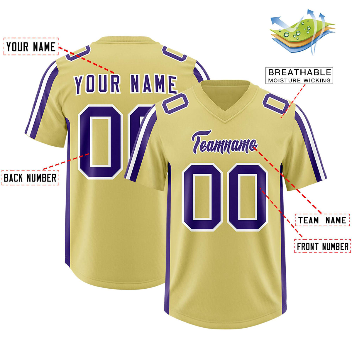 Custom Old Gold Purple and White Side Stripe Pattern Authentic American Football Jersey
