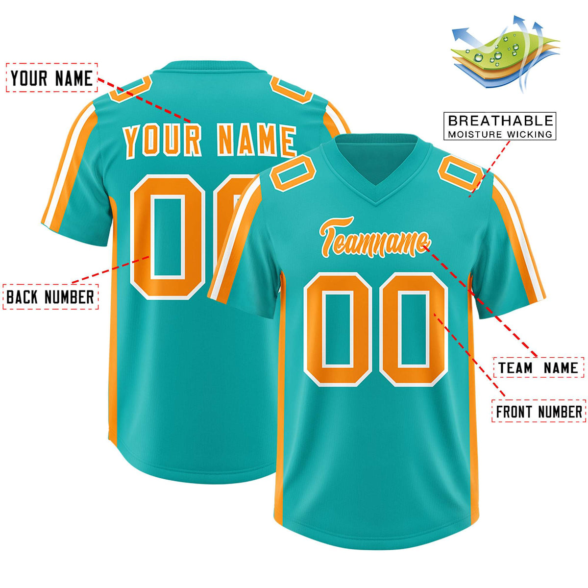 Custom Aqua Orange and White Side Stripe Pattern Authentic American Football Jersey