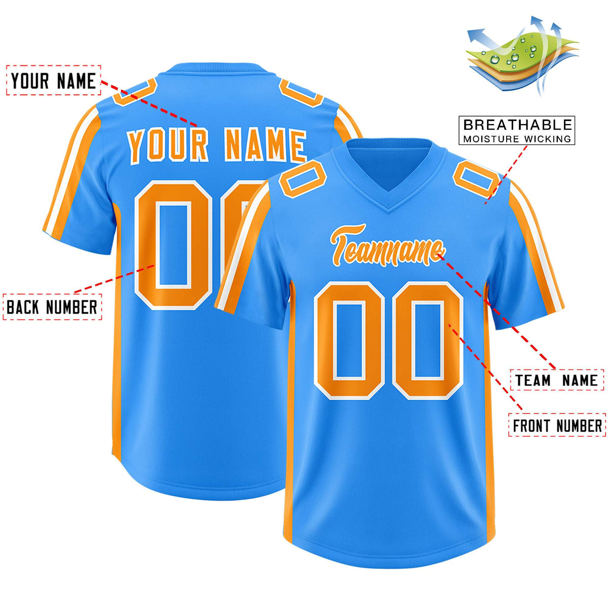 Custom Light Blue Orange and White Side Stripe Pattern Authentic American Football Jersey