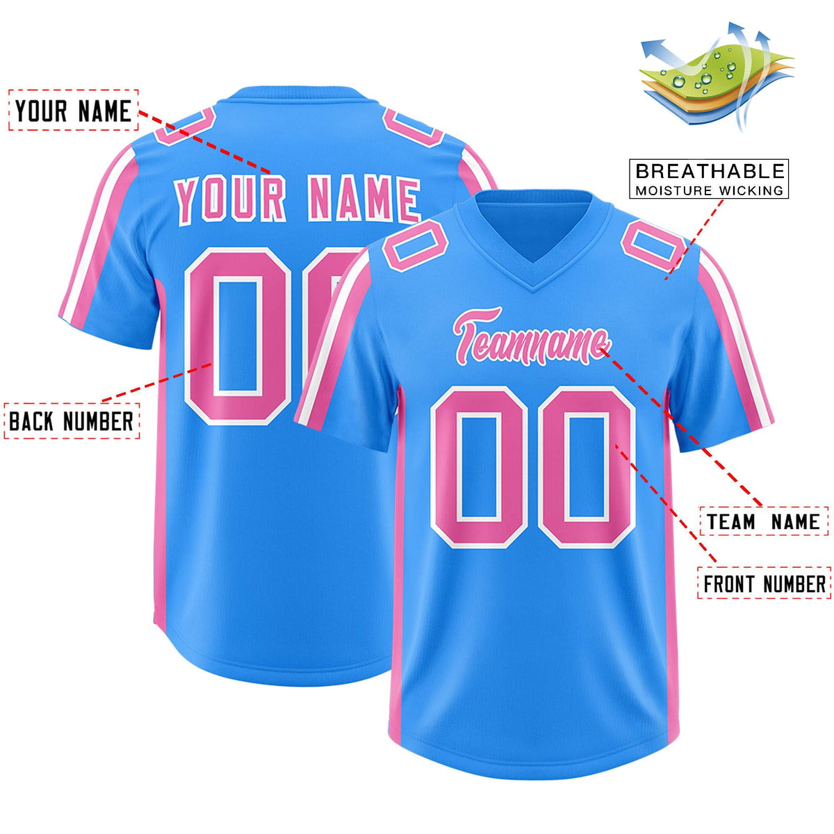 Custom Light Blue Pink and White Side Stripe Pattern Authentic American Football Jersey