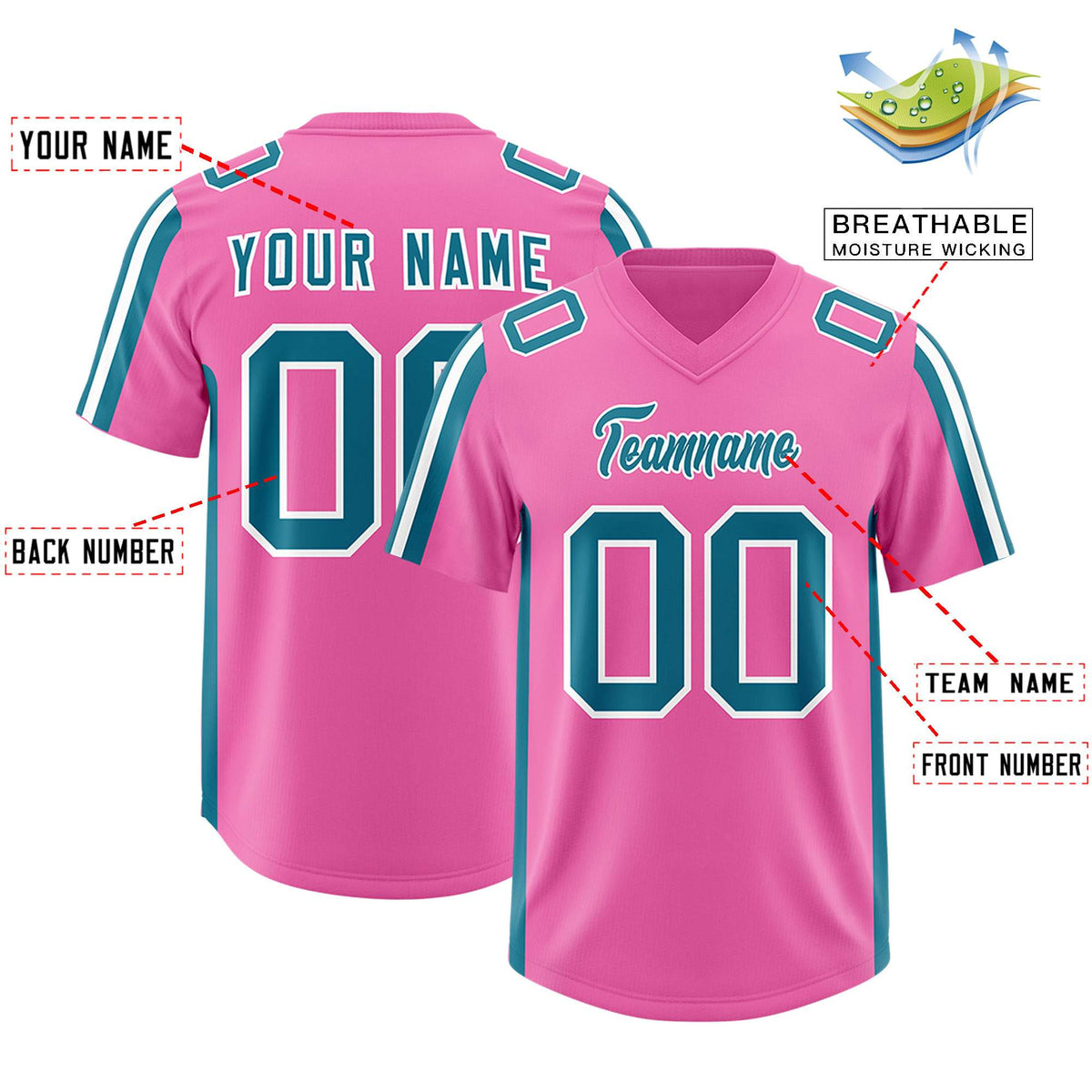 Custom Pink Aqua and White Side Stripe Pattern Authentic American Football Jersey