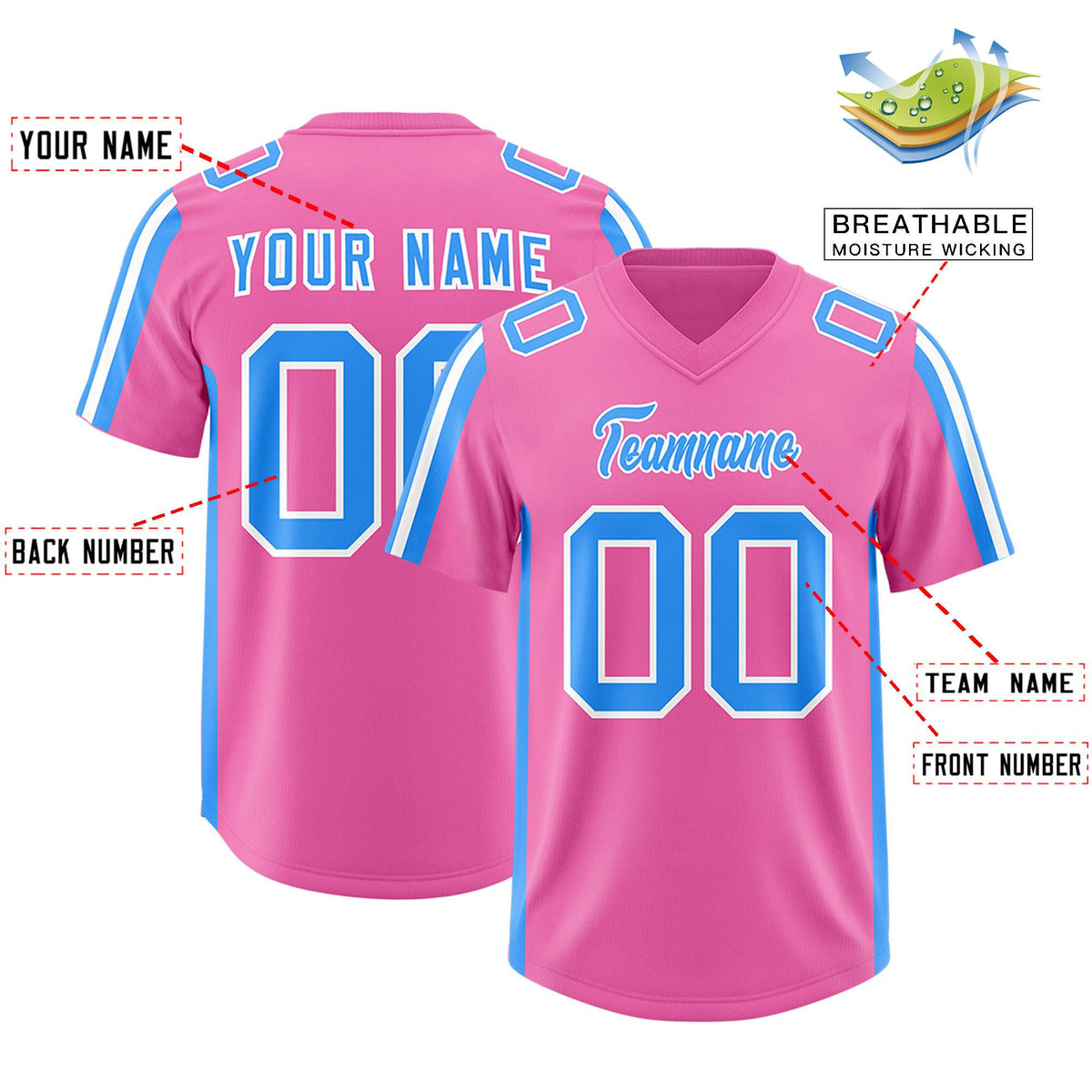 Custom Pink Light Blue and White Side Stripe Pattern Authentic American Football Jersey