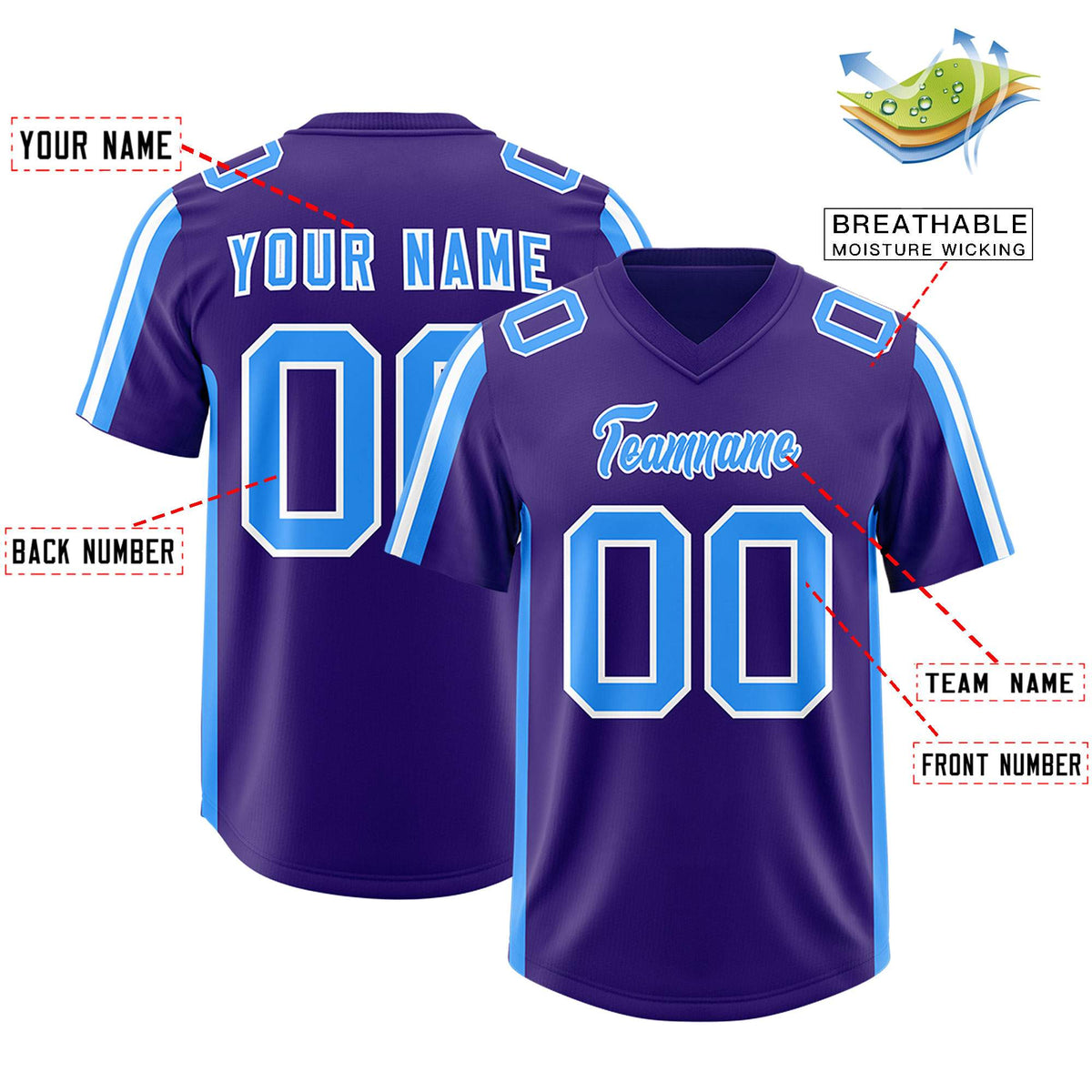 Custom Purple Light Blue and White Side Stripe Pattern Authentic American Football Jersey