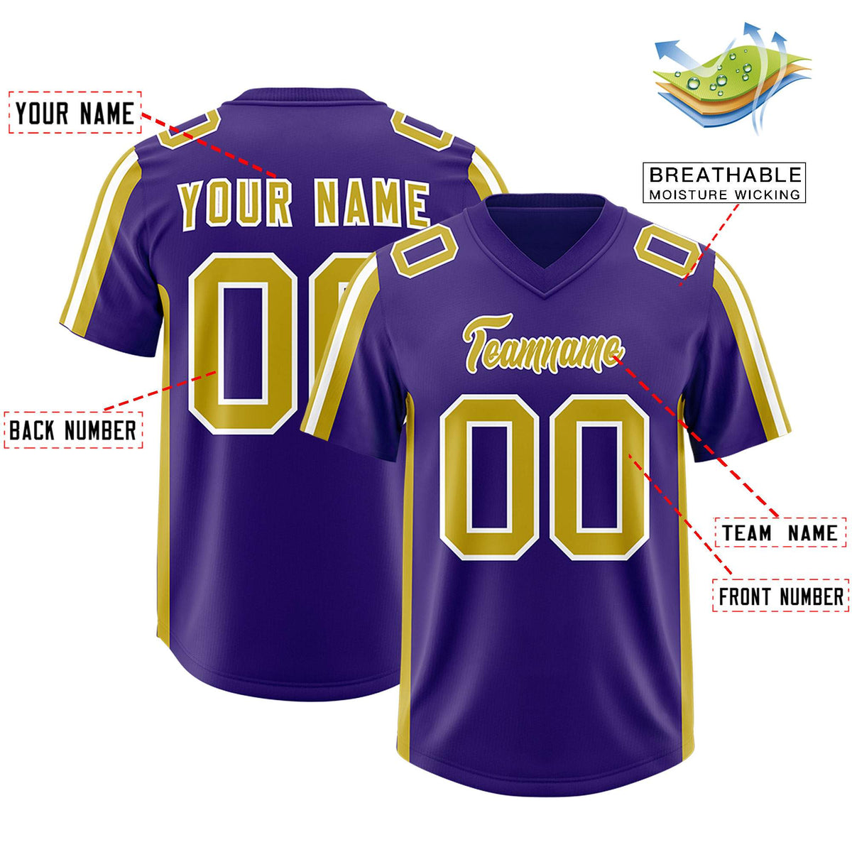 Custom Purple Old Gold and White Side Stripe Pattern Authentic American Football Jersey