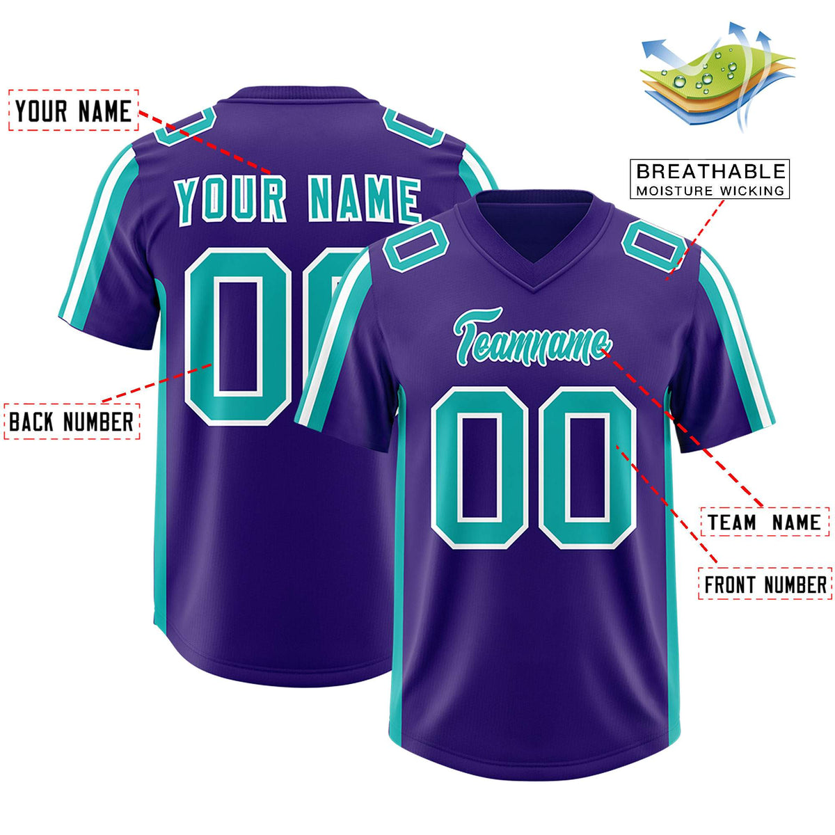 Custom Purple Aqua and White Side Stripe Pattern Authentic American Football Jersey