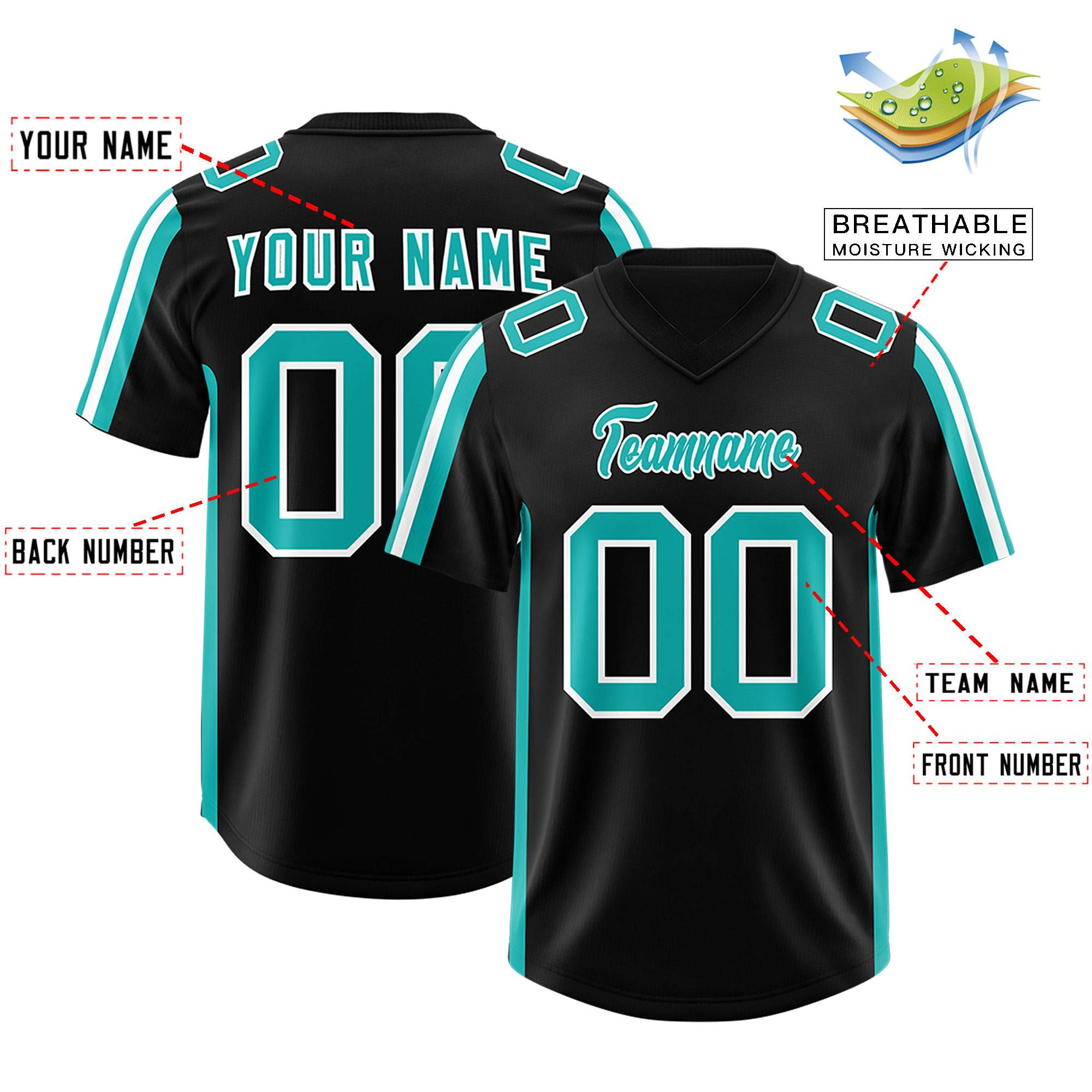 Custom Black Aqua and White Side Stripe Pattern Authentic American Football Jersey