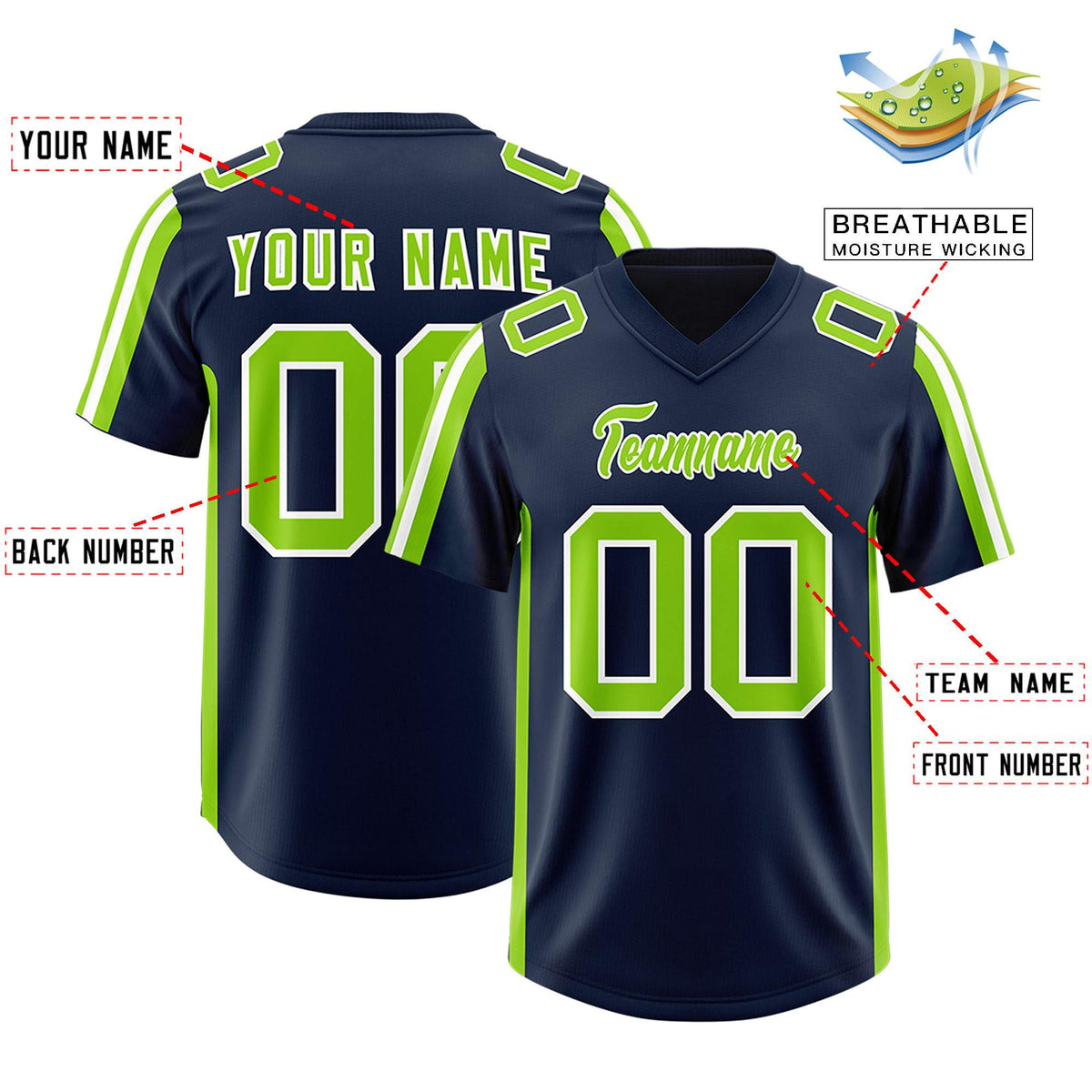 Custom Navy Neon Green and White Side Stripe Pattern Authentic American Football Jersey