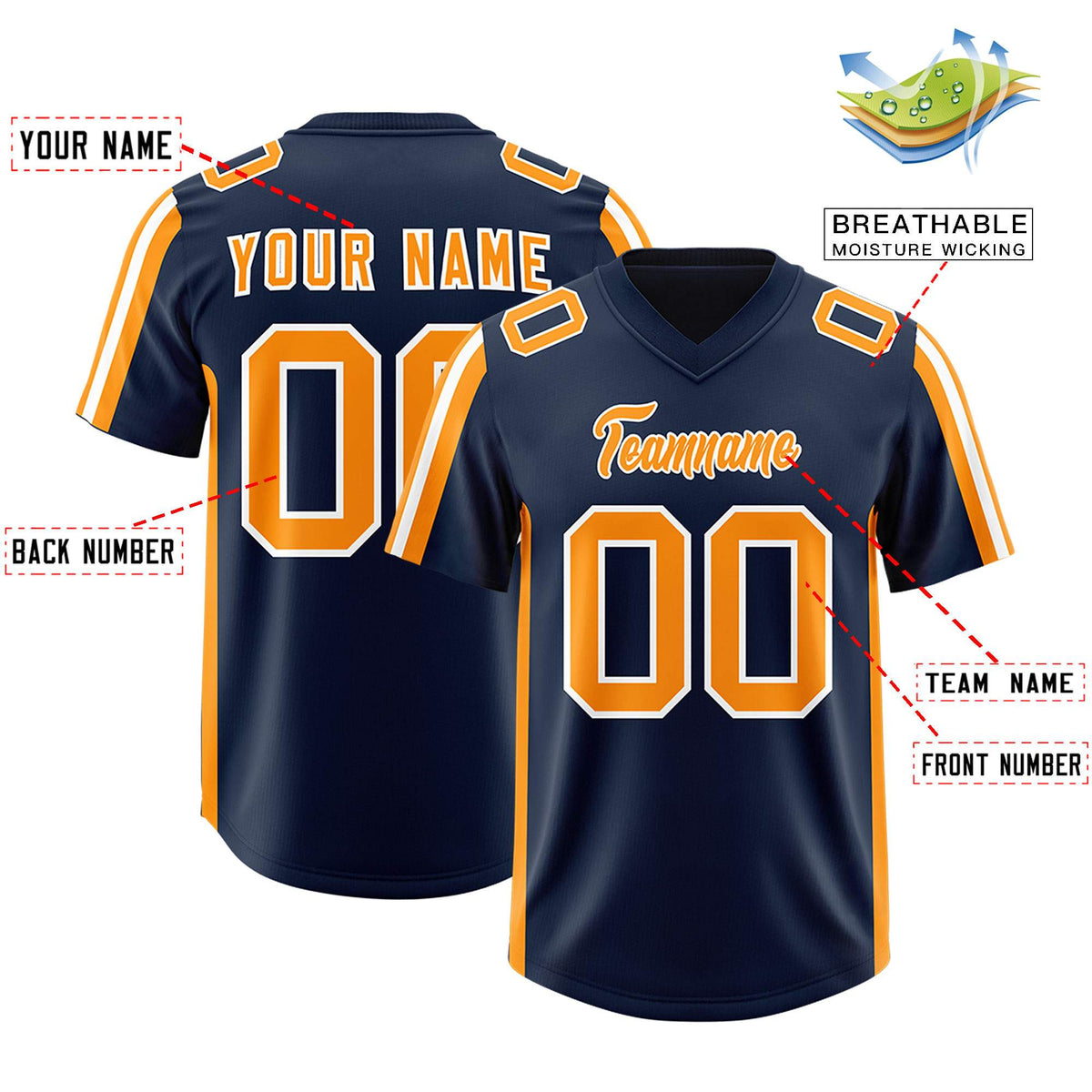Custom Navy Orange and White Side Stripe Pattern Authentic American Football Jersey