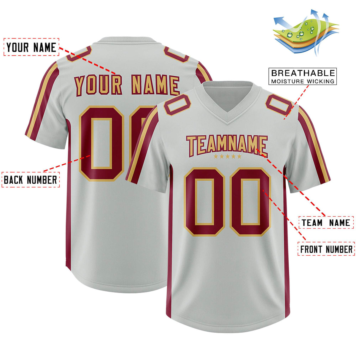 Custom Gray Crimson and Old Gold Side Stripe Pattern Authentic American Football Jersey