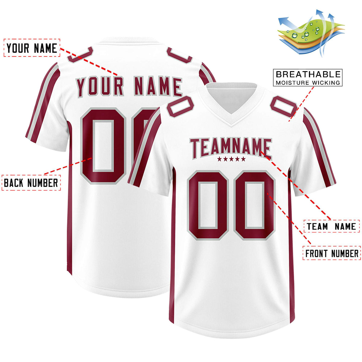 Custom White Crimson and Gray Side Stripe Pattern Authentic American Football Jersey