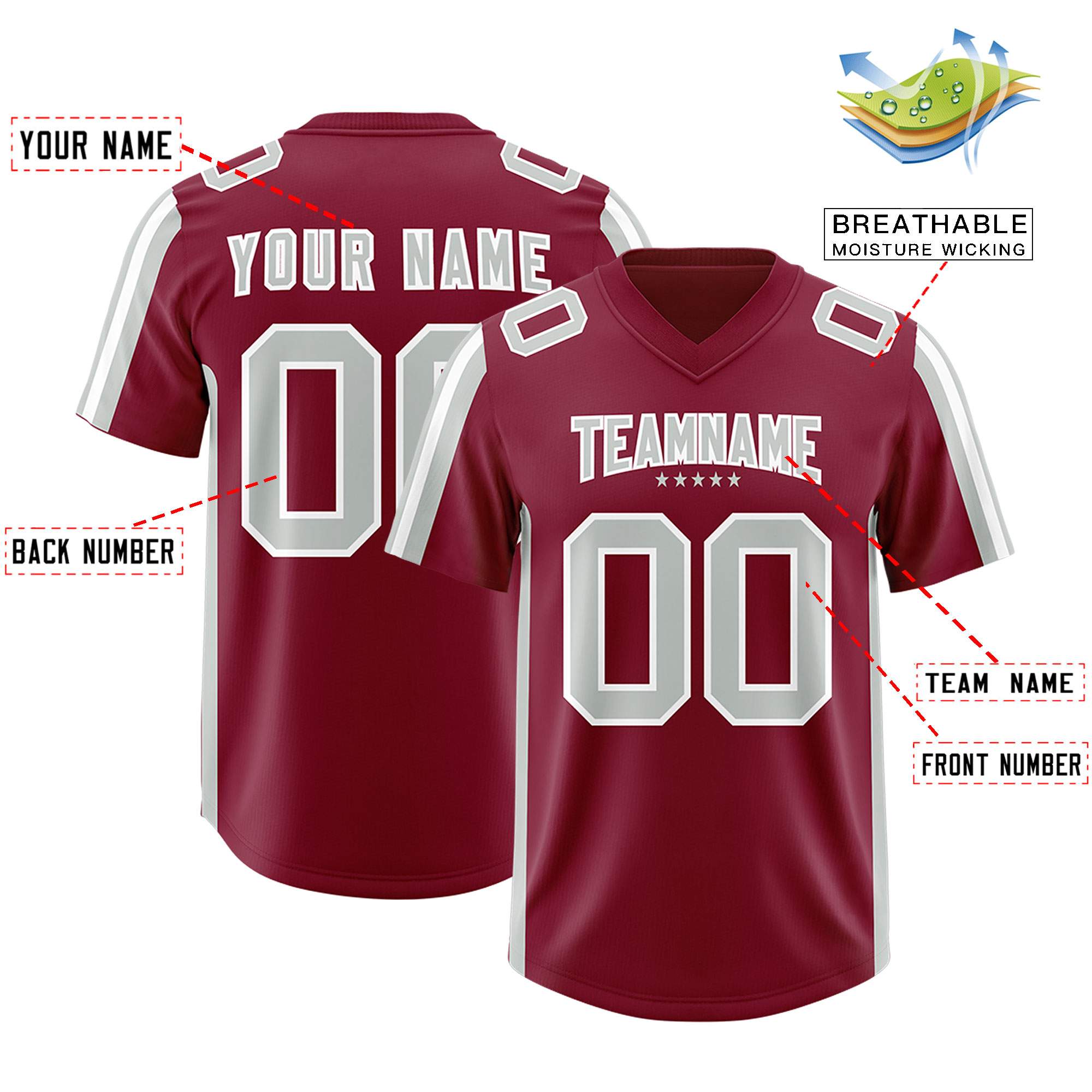 Custom Cardinal Gray and White Side Stripe Pattern Authentic American Football Jersey