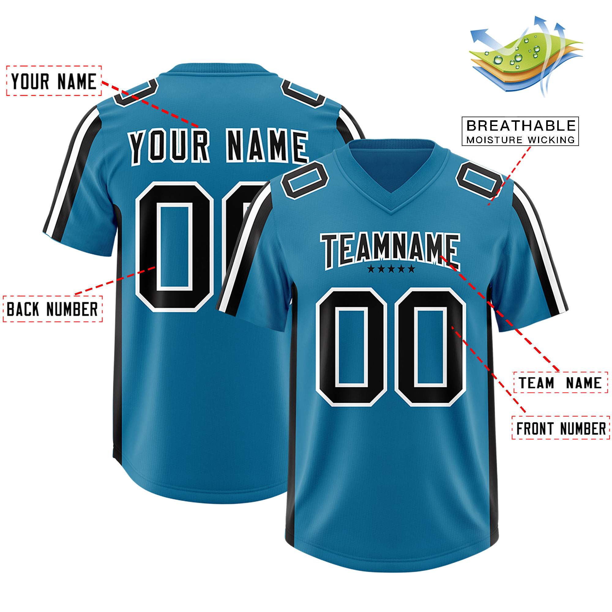 Custom Panther Blue Black and White Side Stripe Pattern Authentic American Football Jersey