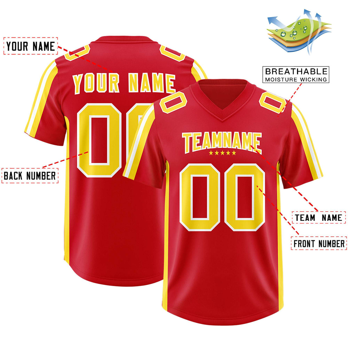 Custom Red Gold and White Side Stripe Pattern Authentic American Football Jersey