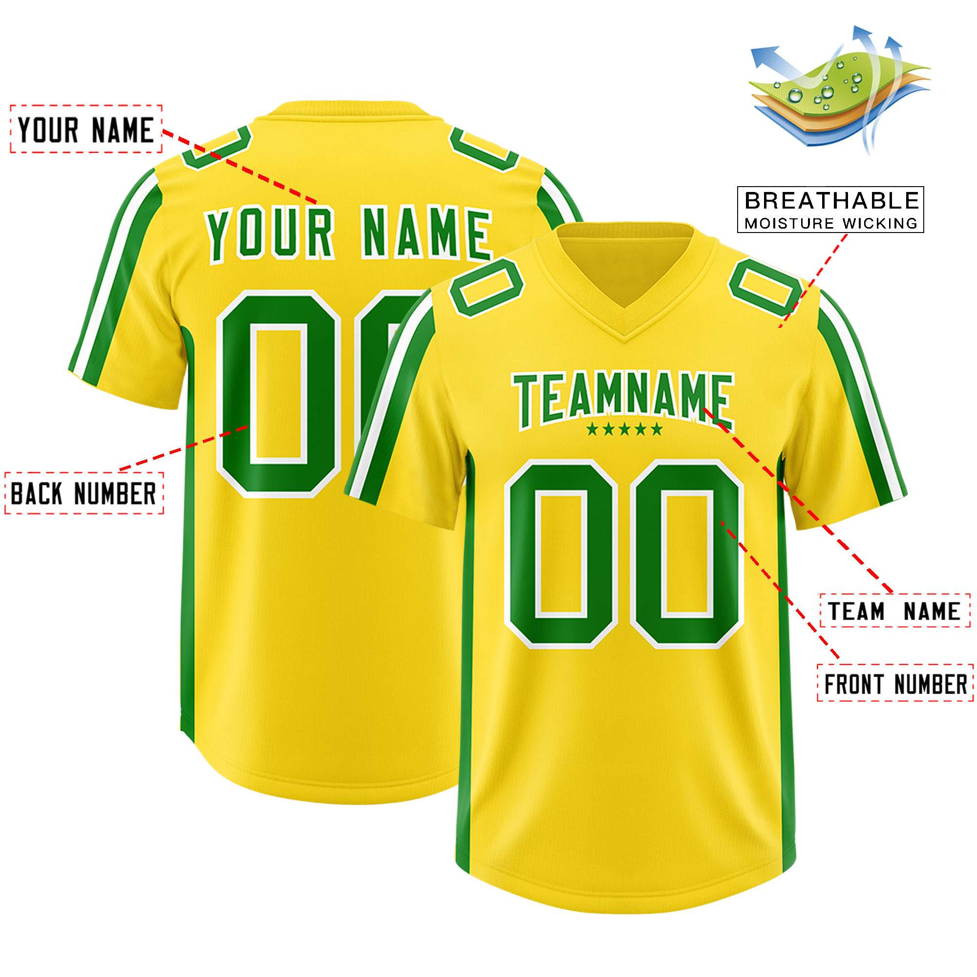 Custom Gold Kelly Green and White Side Stripe Pattern Authentic American Football Jersey