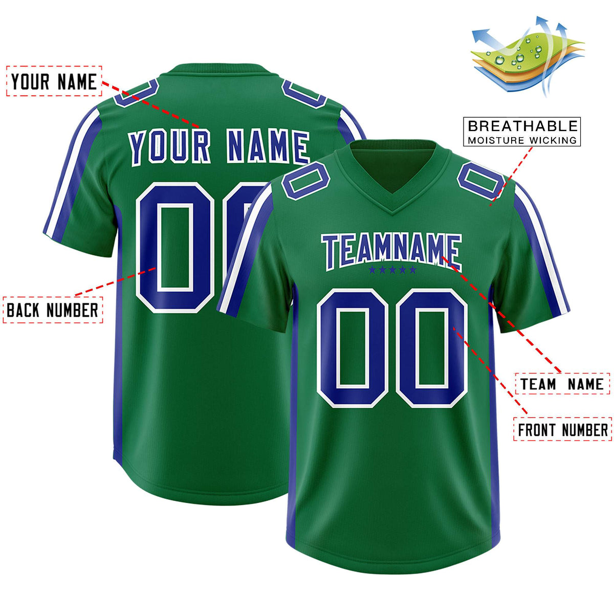 Custom Kelly Green Royal and White Side Stripe Pattern Authentic American Football Jersey