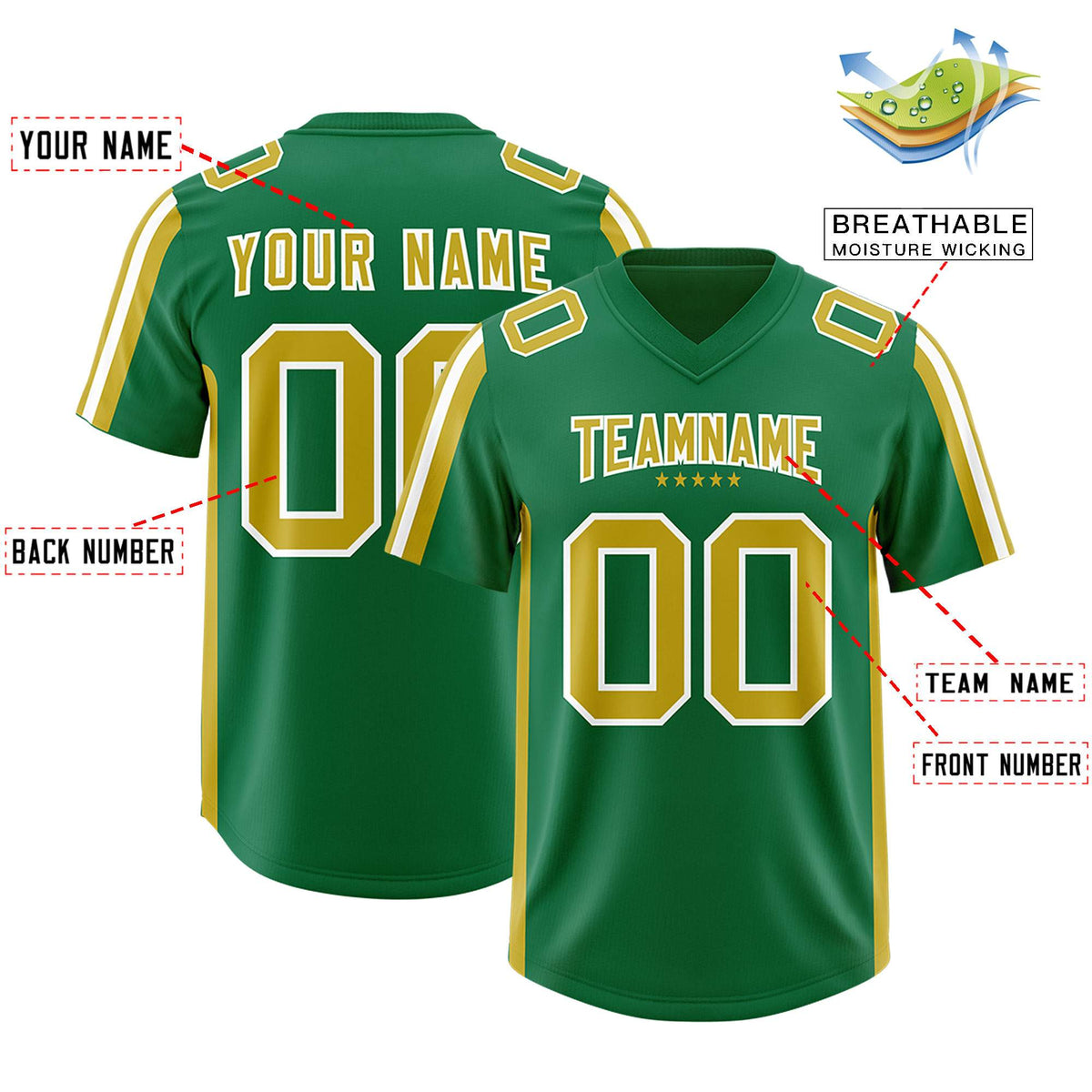 Custom Kelly Green Old Gold and White Side Stripe Pattern Authentic American Football Jersey