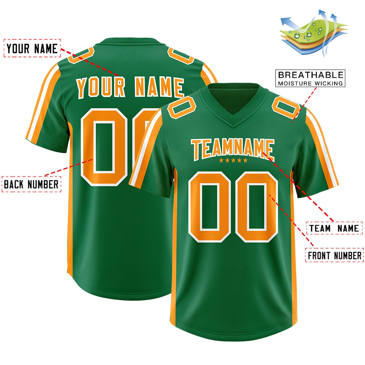 Custom Kelly Green Gold Orange and White Side Stripe Pattern Authentic American Football Jersey