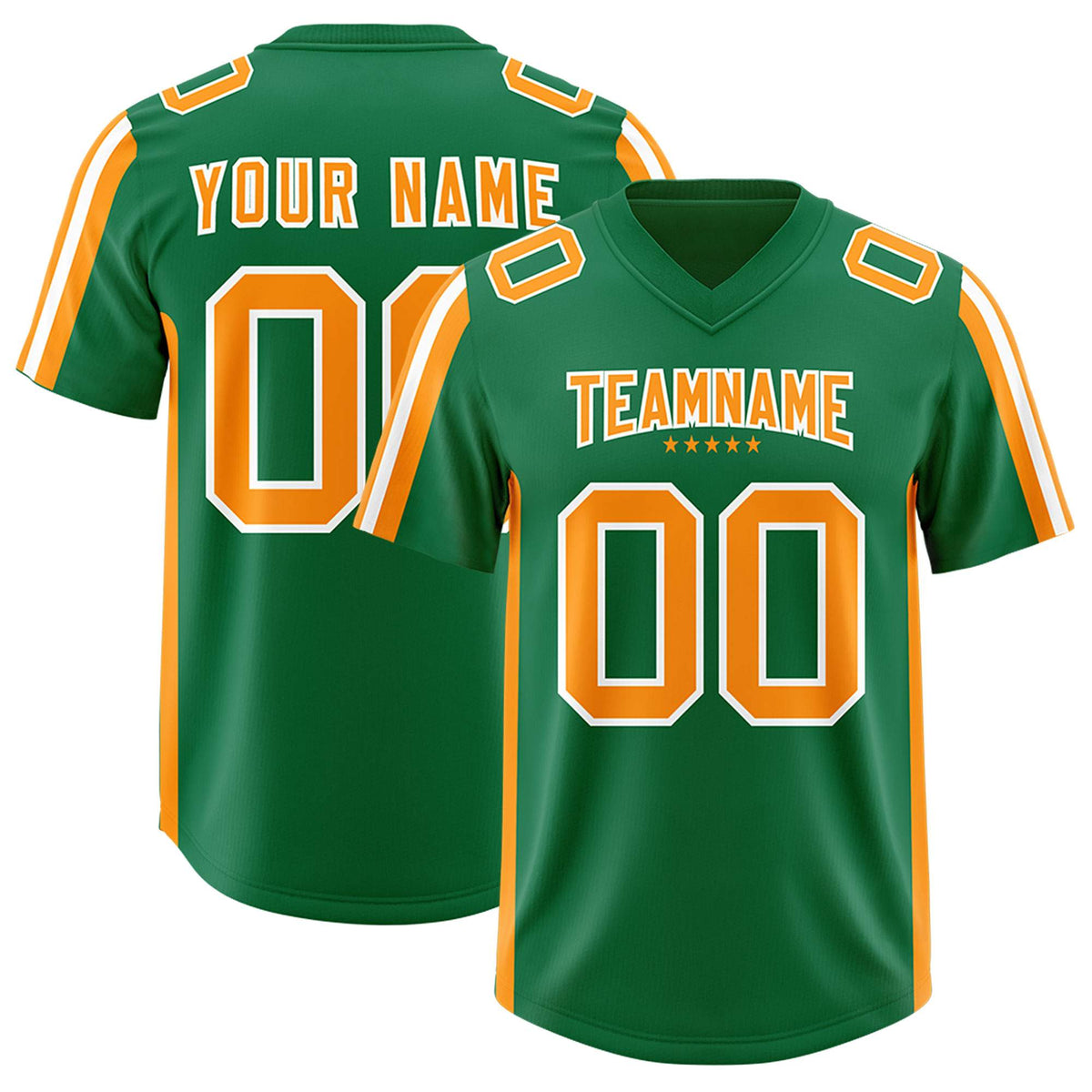 Custom Kelly Green Gold Orange and White Side Stripe Pattern Authentic American Football Jersey