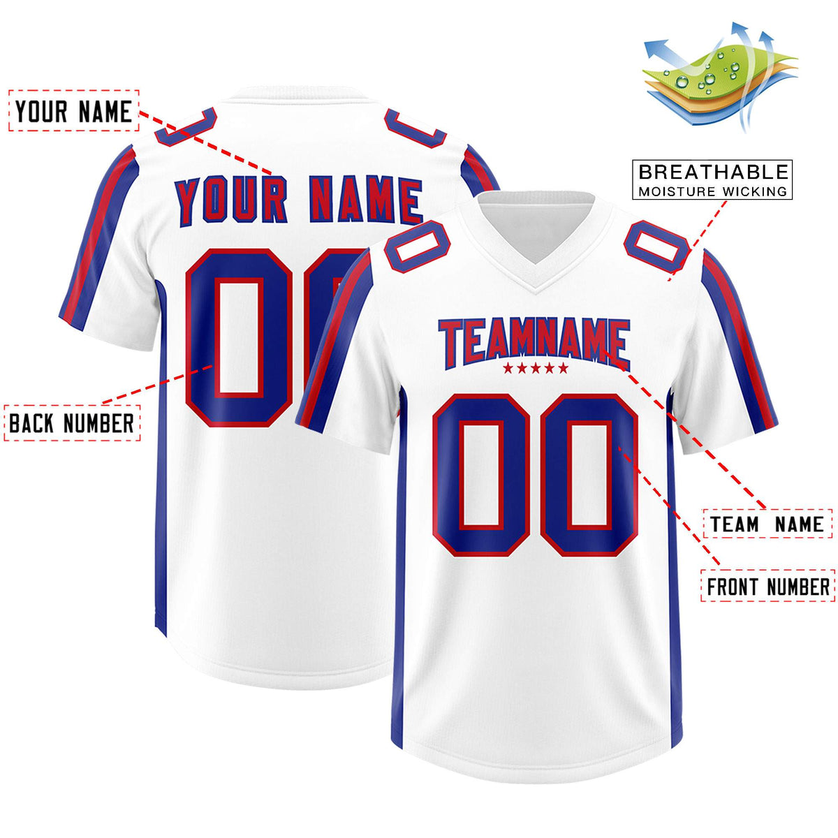 Custom White Royal and Red Side Stripe Pattern Authentic American Football Jersey