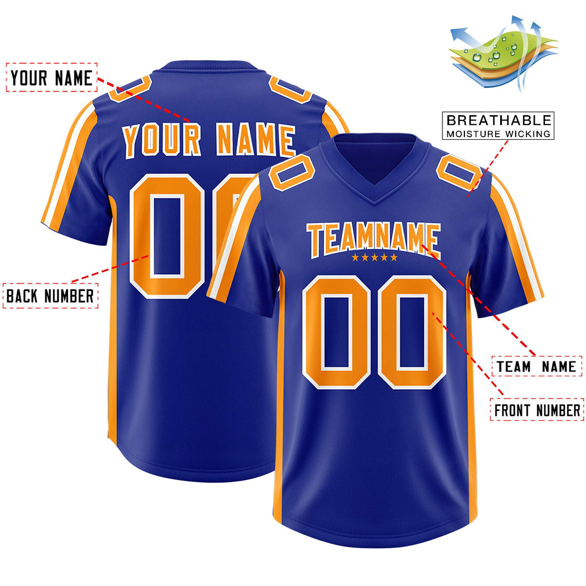 Custom Royal Gold Orange and White Side Stripe Pattern Authentic American Football Jersey