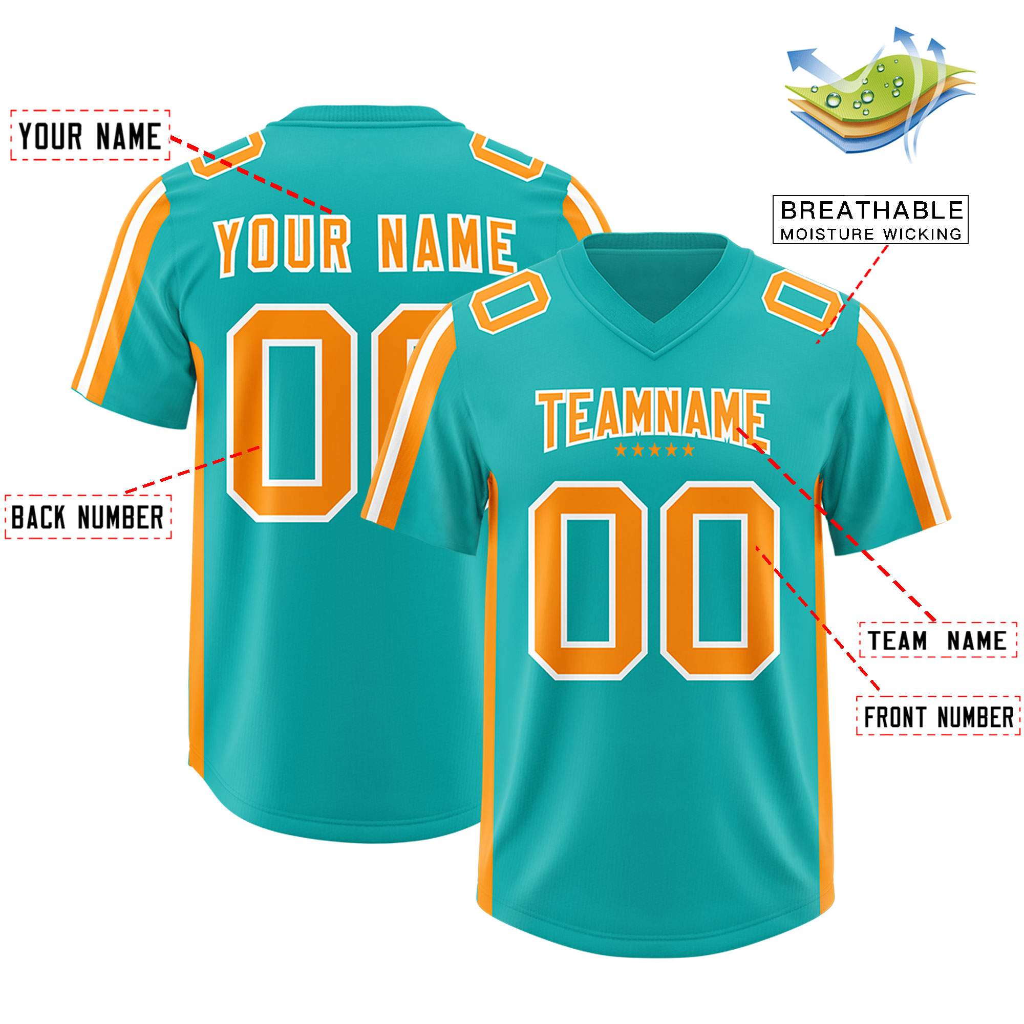 Custom Aqua Orange and White Side Stripe Pattern Authentic American Football Jersey
