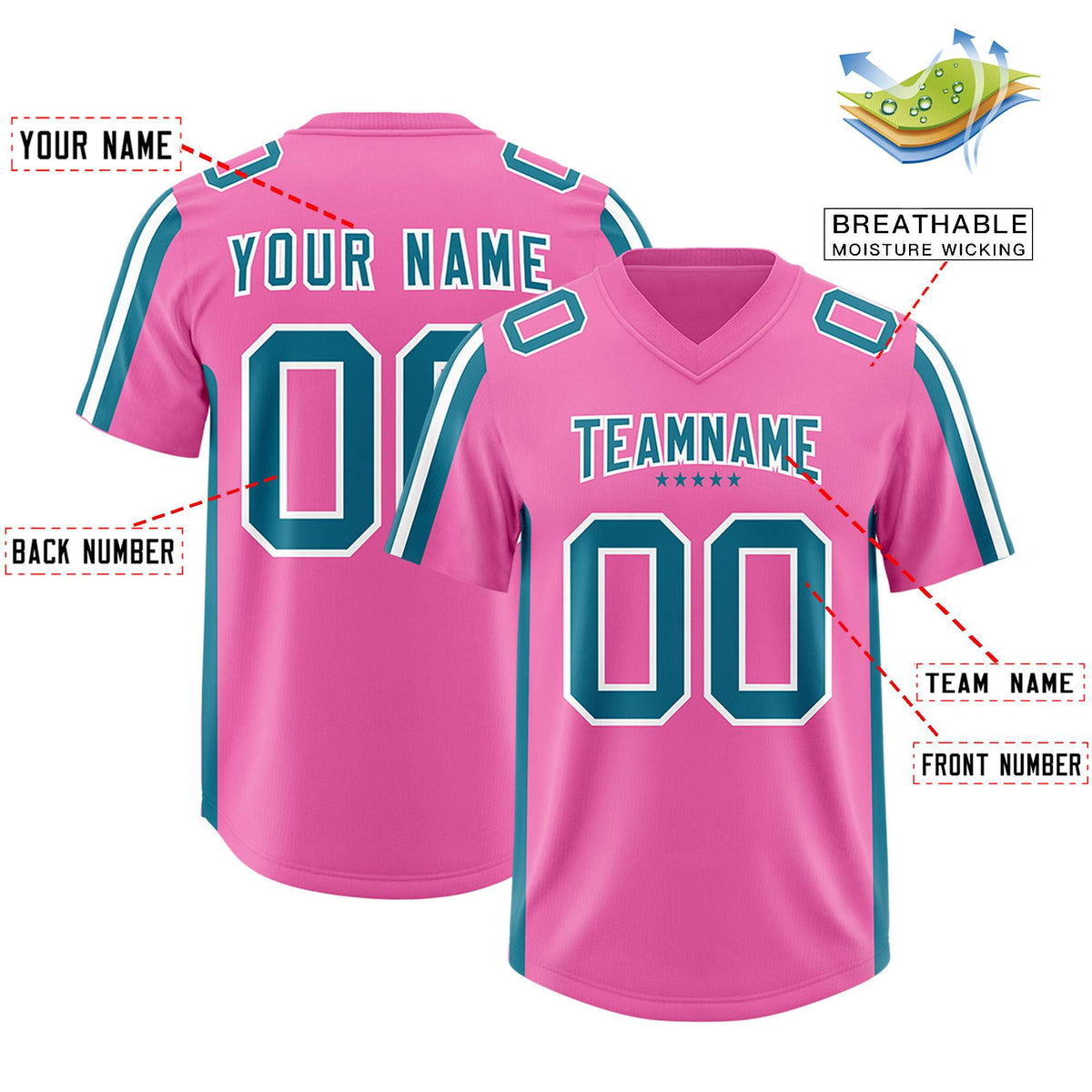 Custom Pink Aqua and White Side Stripe Pattern Authentic American Football Jersey