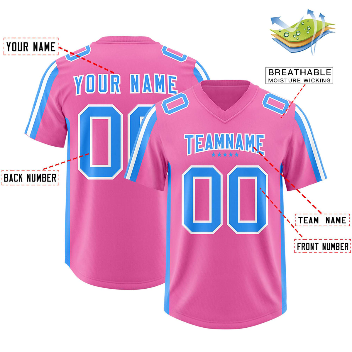 Custom Pink Light Blue and White Side Stripe Pattern Authentic American Football Jersey