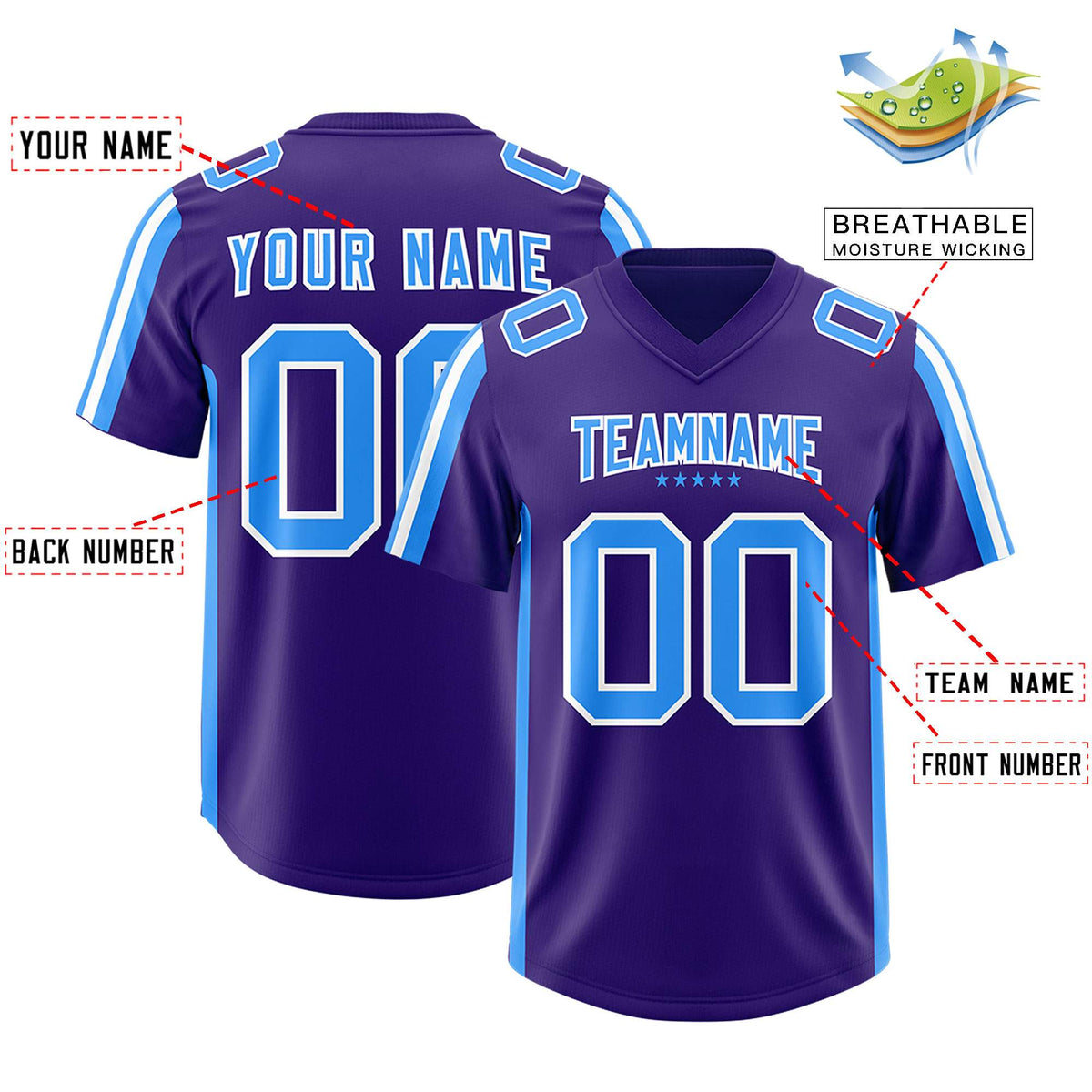 Custom Purple Light Blue and White Side Stripe Pattern Authentic American Football Jersey