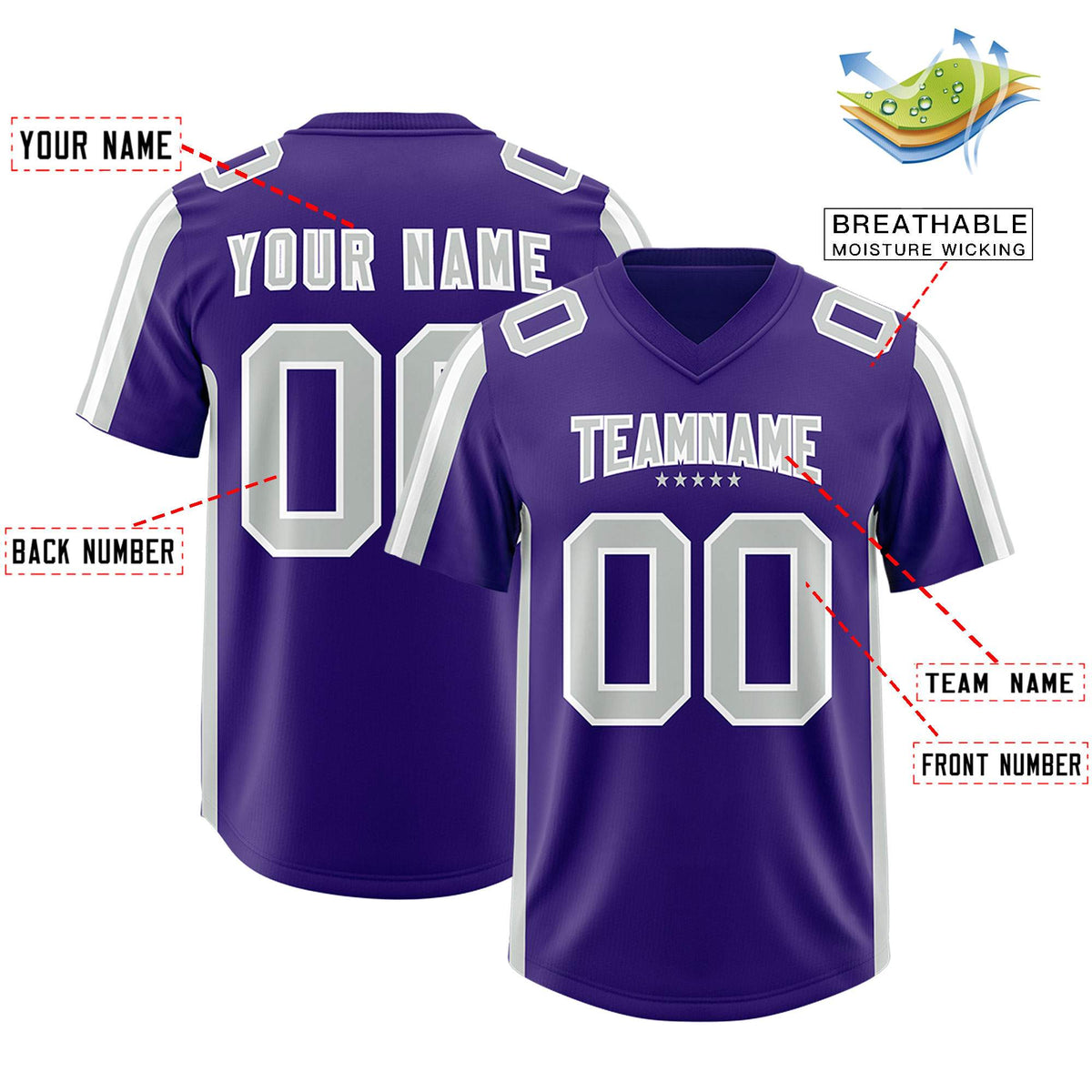 Custom Purple Gray and White Side Stripe Pattern Authentic American Football Jersey