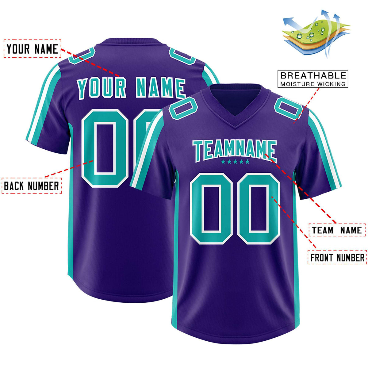 Custom Purple Aqua and White Side Stripe Pattern Authentic American Football Jersey