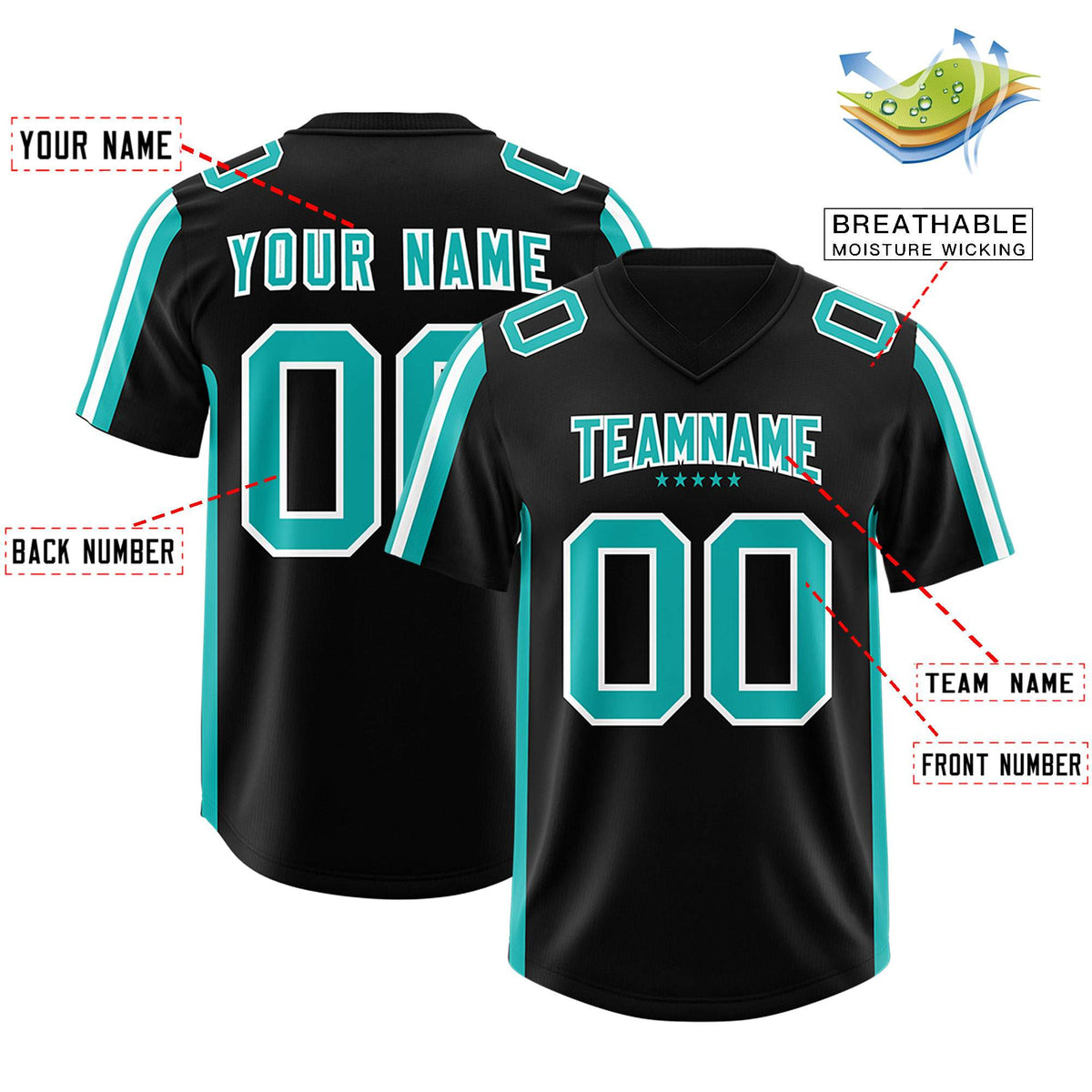 Custom Black Aqua and White Side Stripe Pattern Authentic American Football Jersey