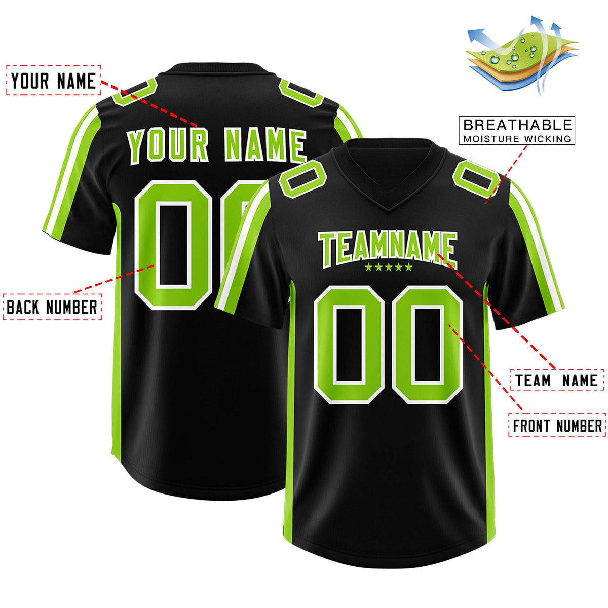 Custom Black Neon Green and White Side Stripe Pattern Authentic American Football Jersey