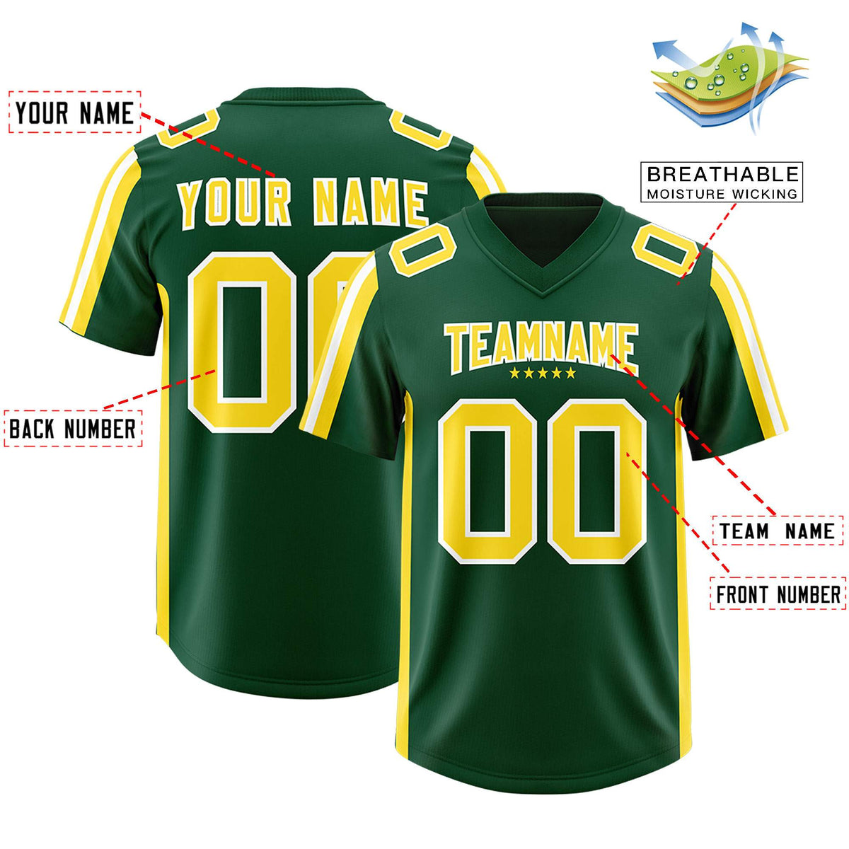 Custom Green Gold and White Side Stripe Pattern Authentic American Football Jersey