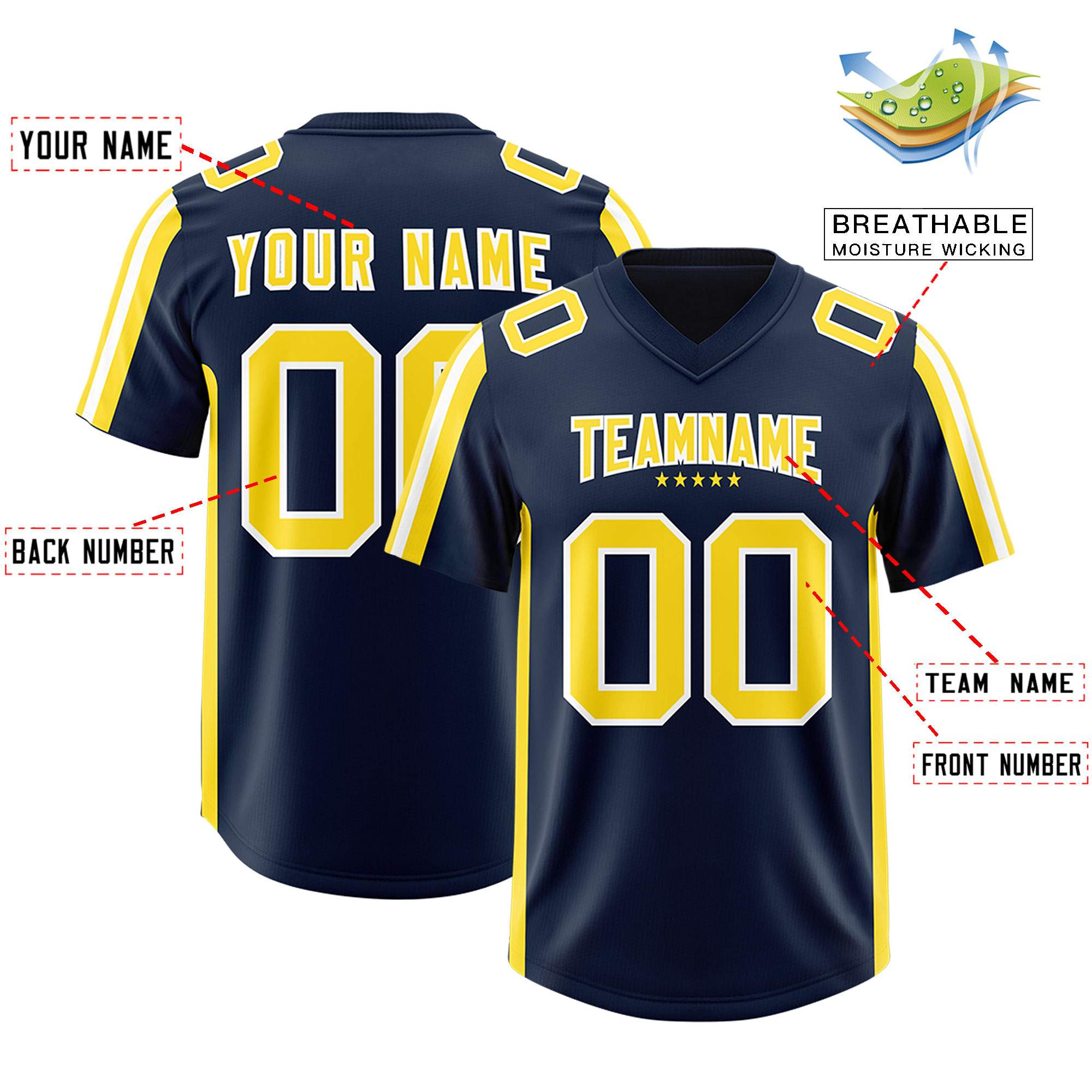 Custom Navy Gold and White Side Stripe Pattern Authentic American Football Jersey