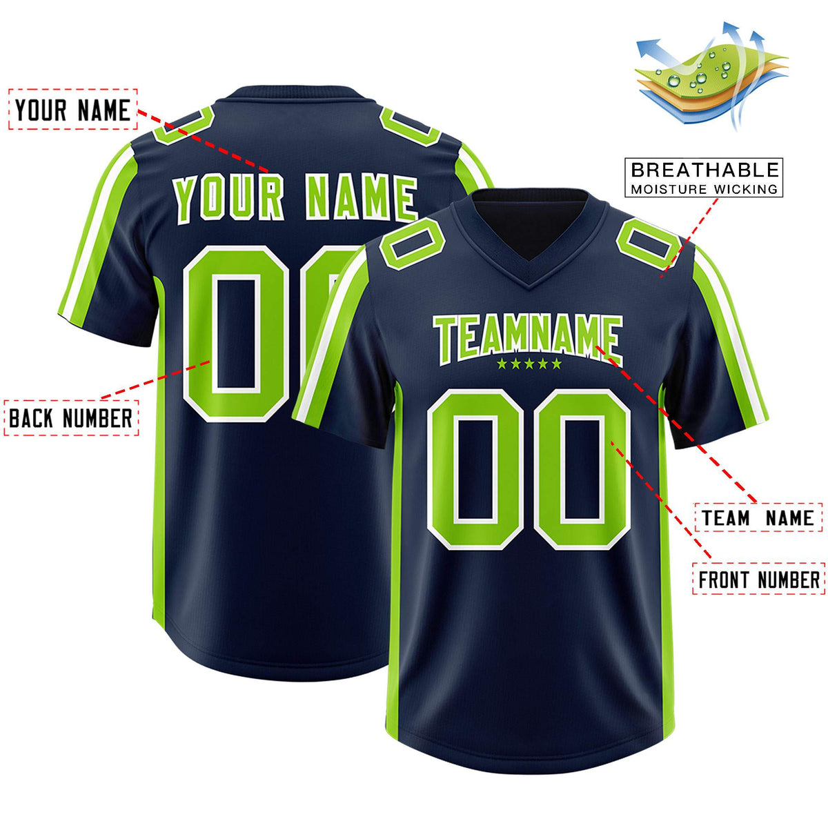 Custom Navy Neon Green and White Side Stripe Pattern Authentic American Football Jersey